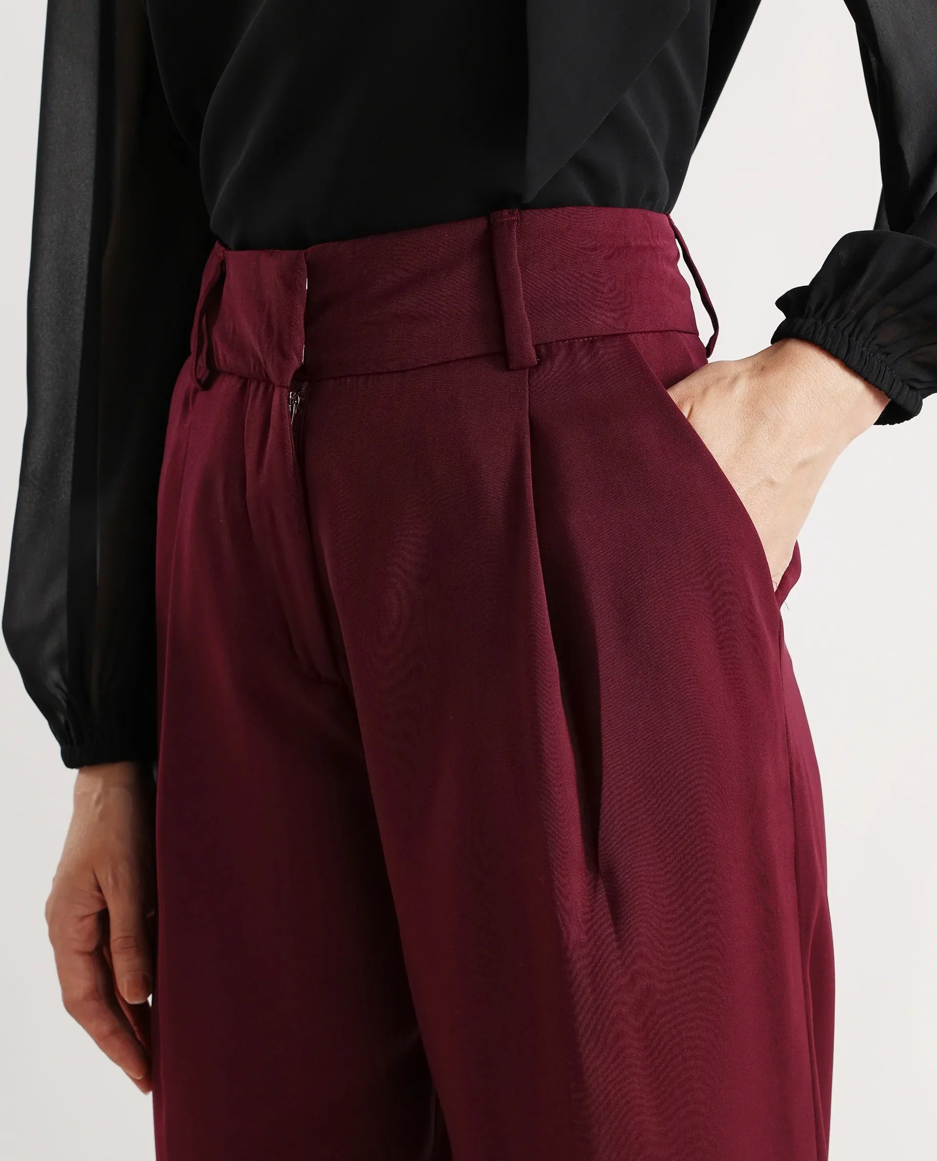 Rareism Women's Urap Dark Maroon Polyester Blend Plain Ankle Length Straight Fit Trouser