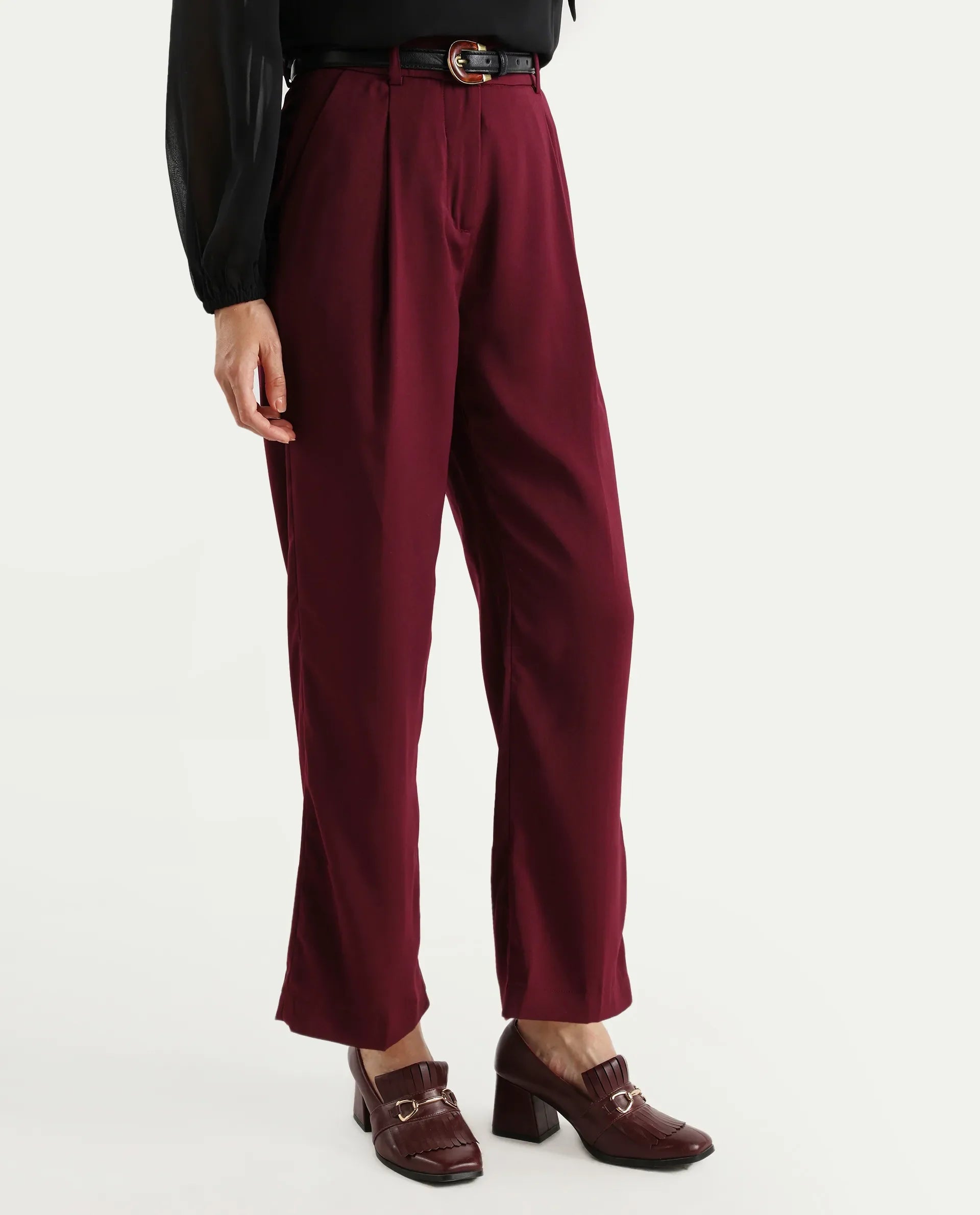 Rareism Women's Urap Dark Maroon Polyester Blend Plain Ankle Length Straight Fit Trouser