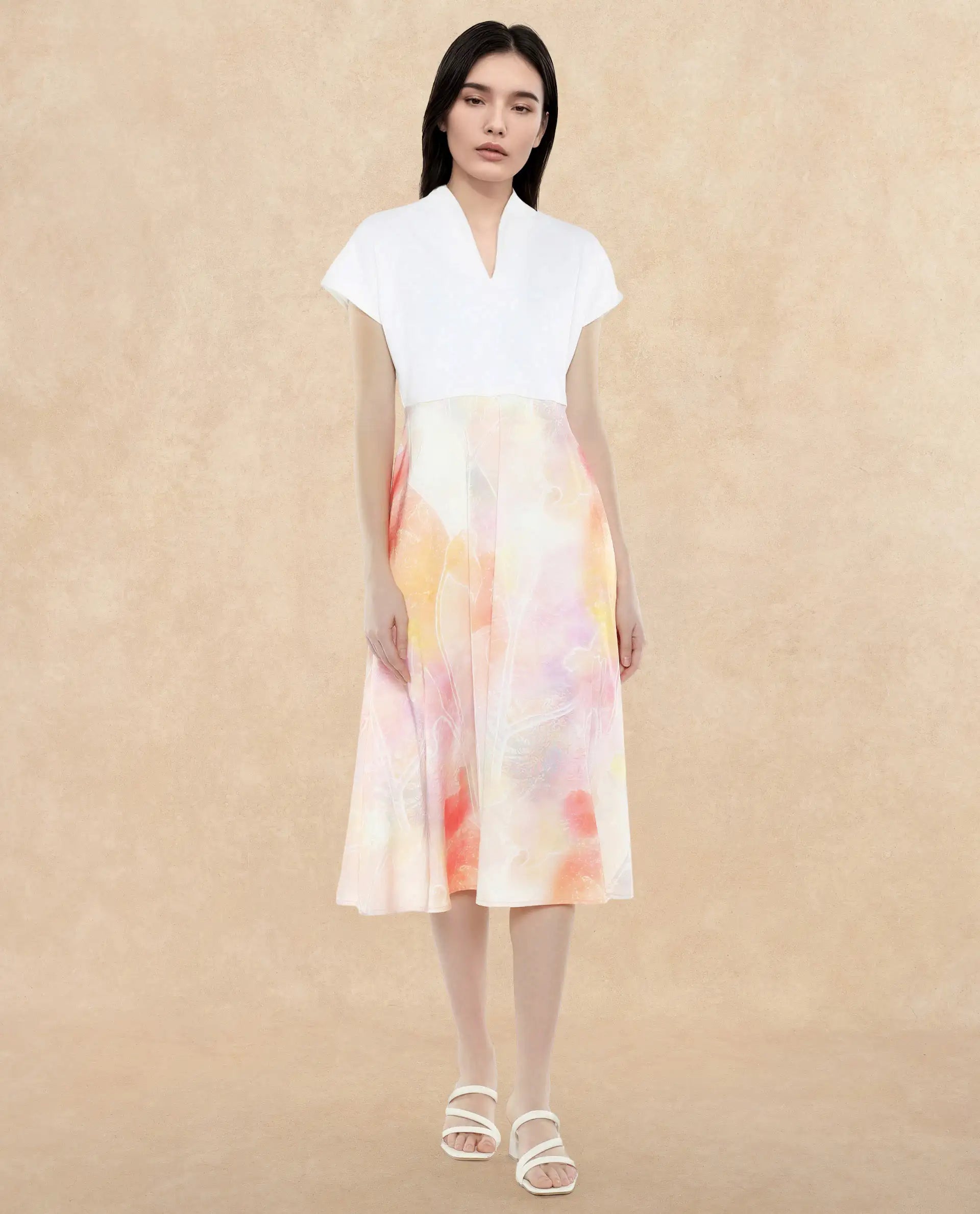 Rareism Women's Usoppin Multi Polyester Built-Up Neck Abstract Print Extended Sleeves Midi Fit And Flare Dress