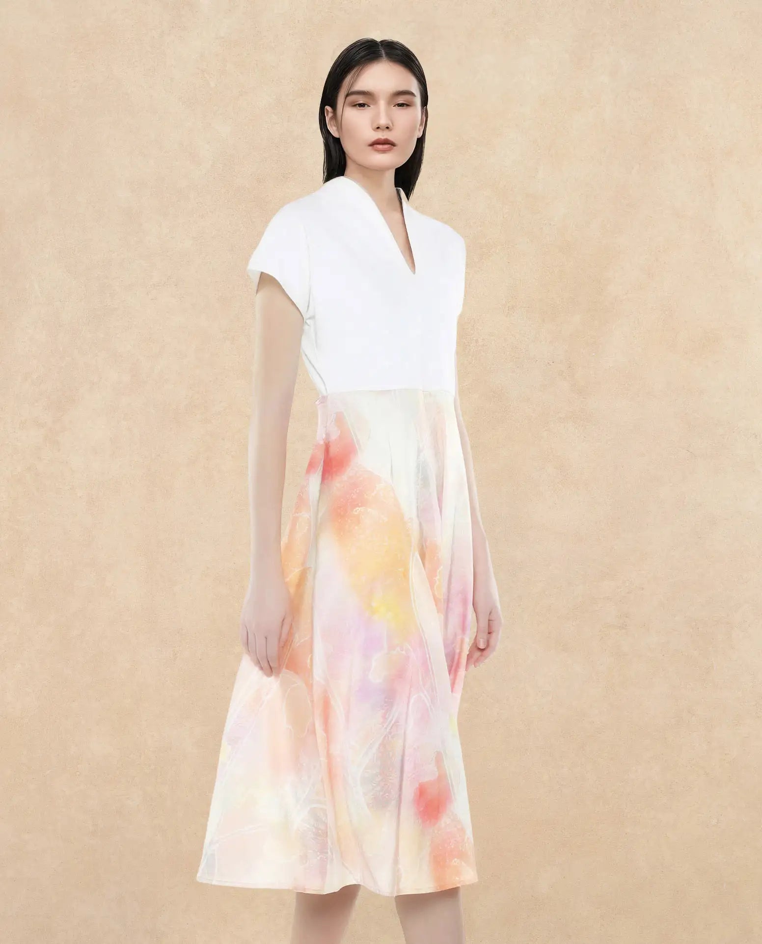 Rareism Women's Usoppin Multi Polyester Built-Up Neck Abstract Print Extended Sleeves Midi Fit And Flare Dress