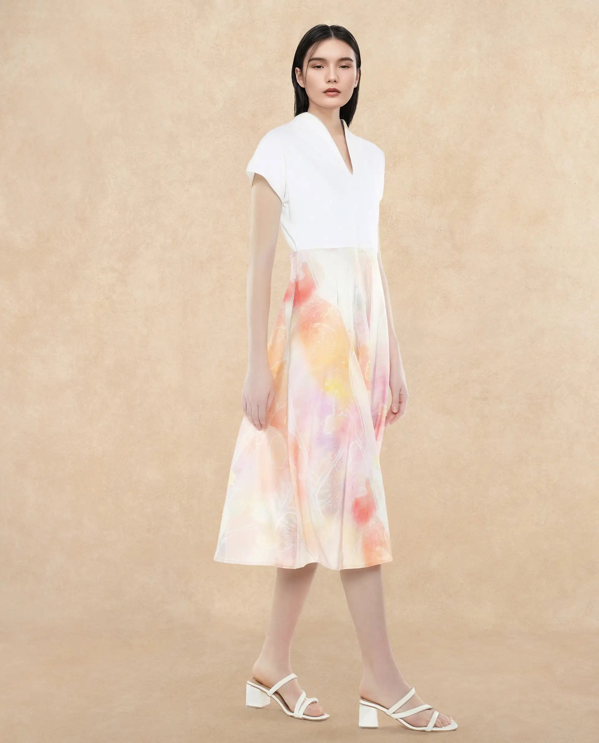Rareism Women's Usoppin Multi Polyester Built-Up Neck Abstract Print Extended Sleeves Midi Fit And Flare Dress