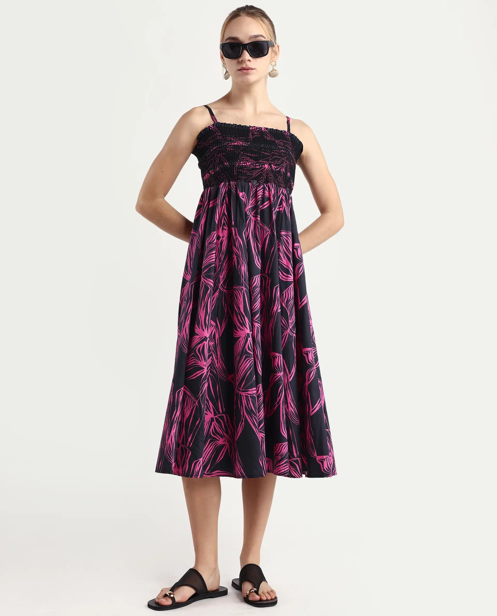 Rareism Women's Utjola Black Cotton Tube Neck Abstract Print Sleeveless Midi Fit And Flare Dress