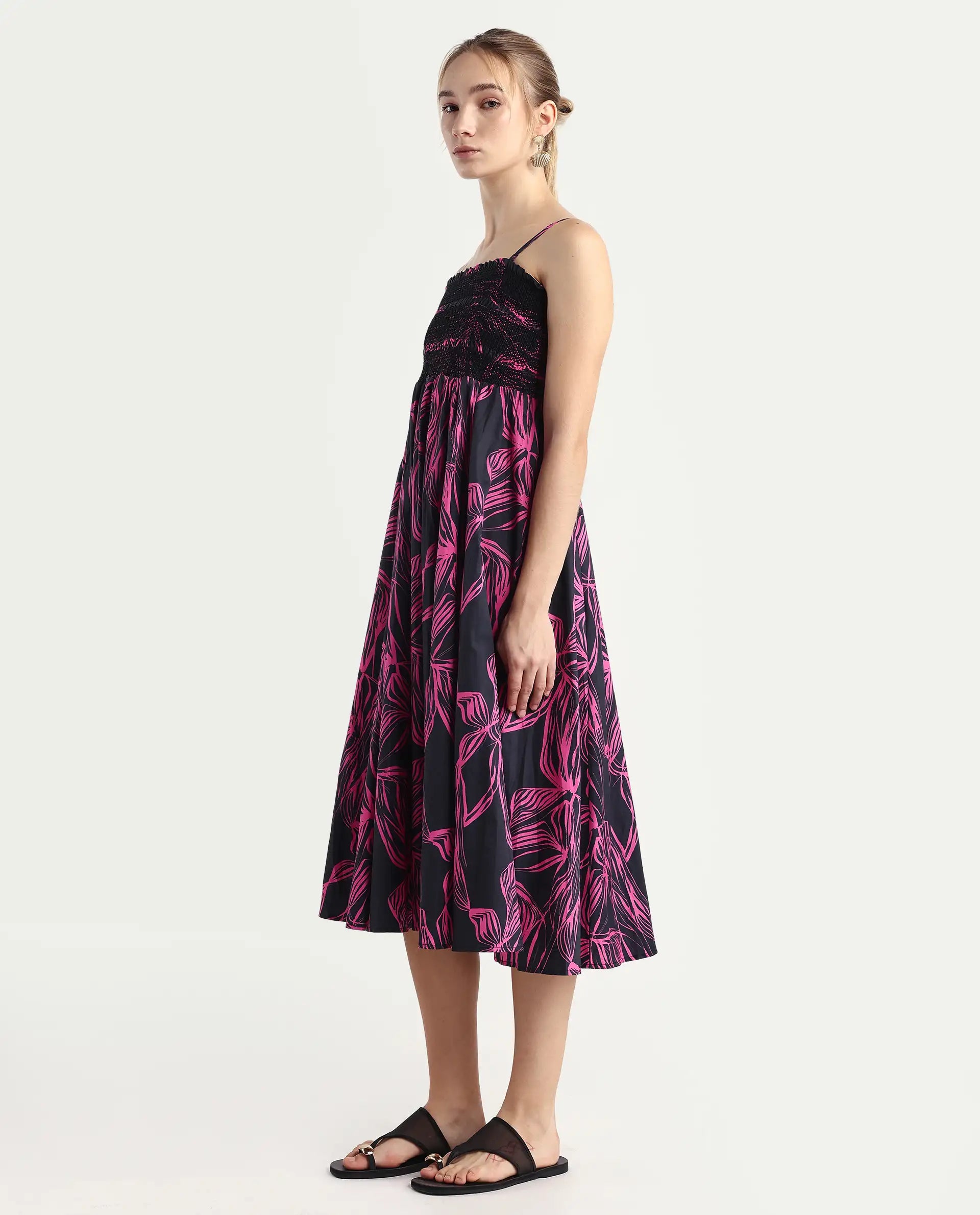 Rareism Women's Utjola Black Cotton Tube Neck Abstract Print Sleeveless Midi Fit And Flare Dress