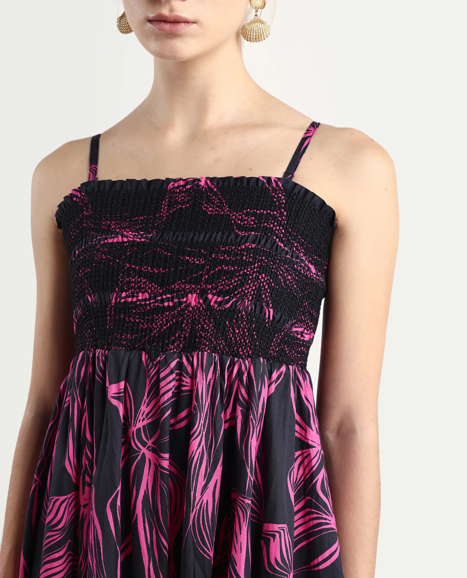 Rareism Women's Utjola Black Cotton Tube Neck Abstract Print Sleeveless Midi Fit And Flare Dress