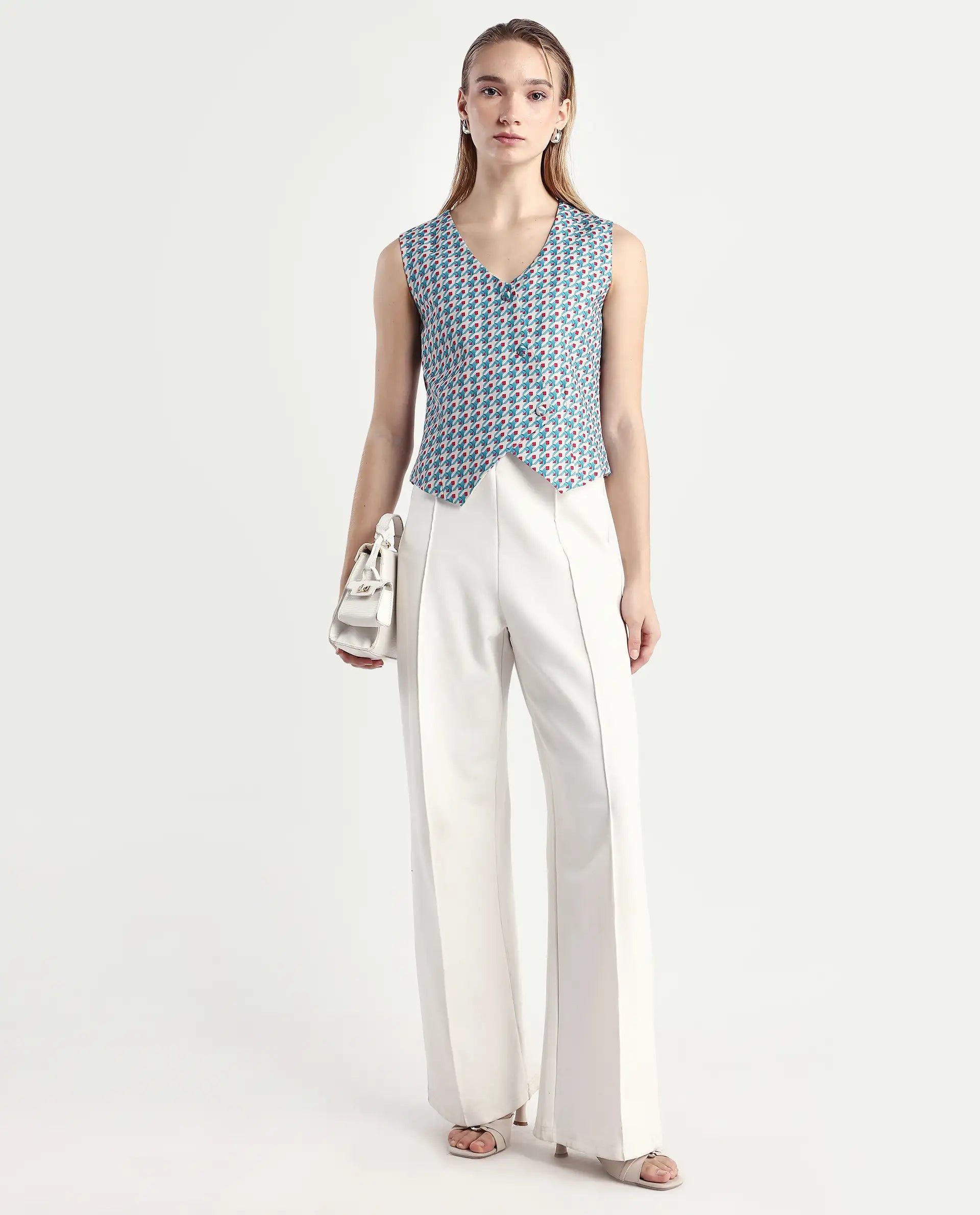 Rareism Women's Utkil Multi Polyester V-Neck Houndstooth Print Sleeveless Crop Regular Fit Top