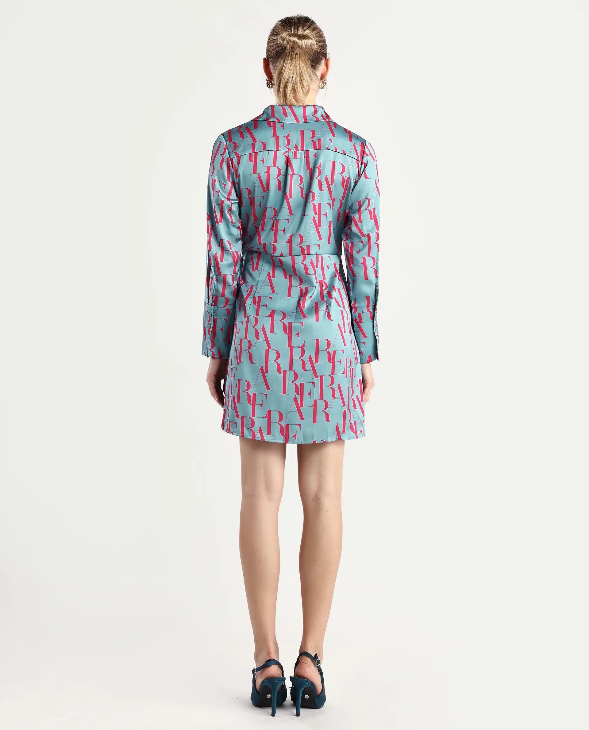 Rareism Women's Utklala Green Polyester Overlap Neck Monogram Print Cuffed Sleeve Mini Wrap Dress