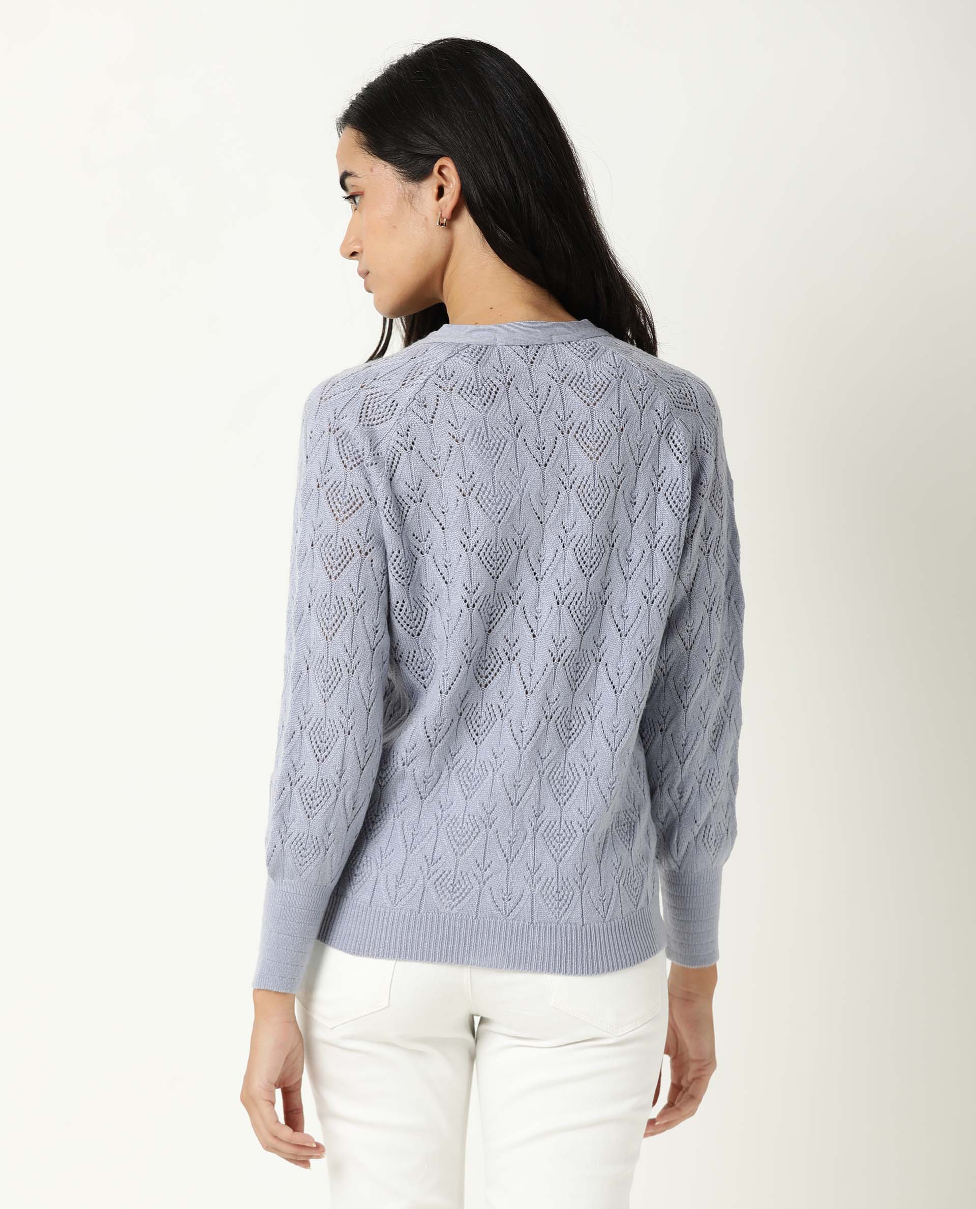 Rareism Women Adorn Purple Full Sleeves Regular Fit Solid V-Neck Sweater