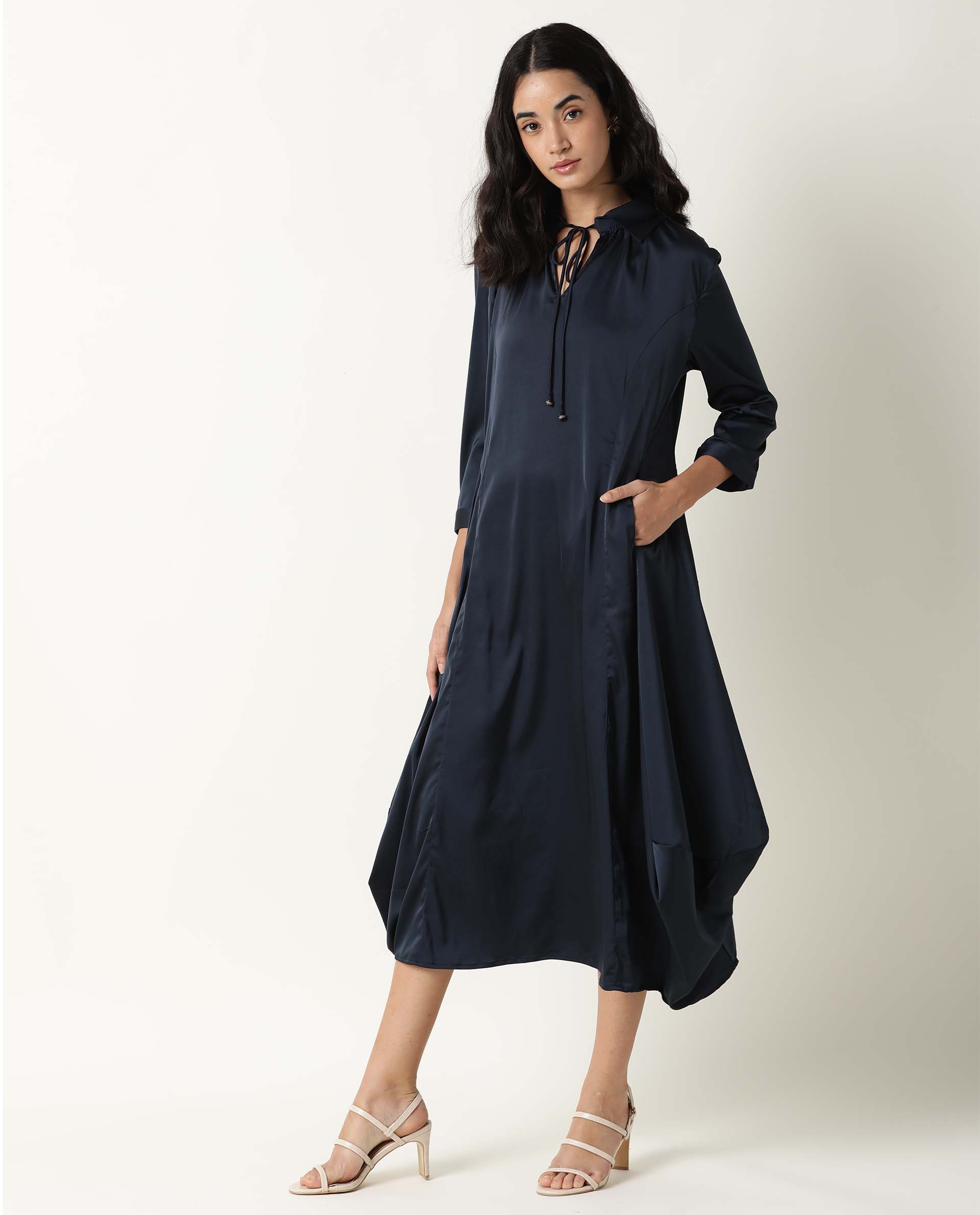 Rareism Womens Drella Navy Dress Modal Lycra Fabric Regular Fit Half Sleeve Lapel Neck