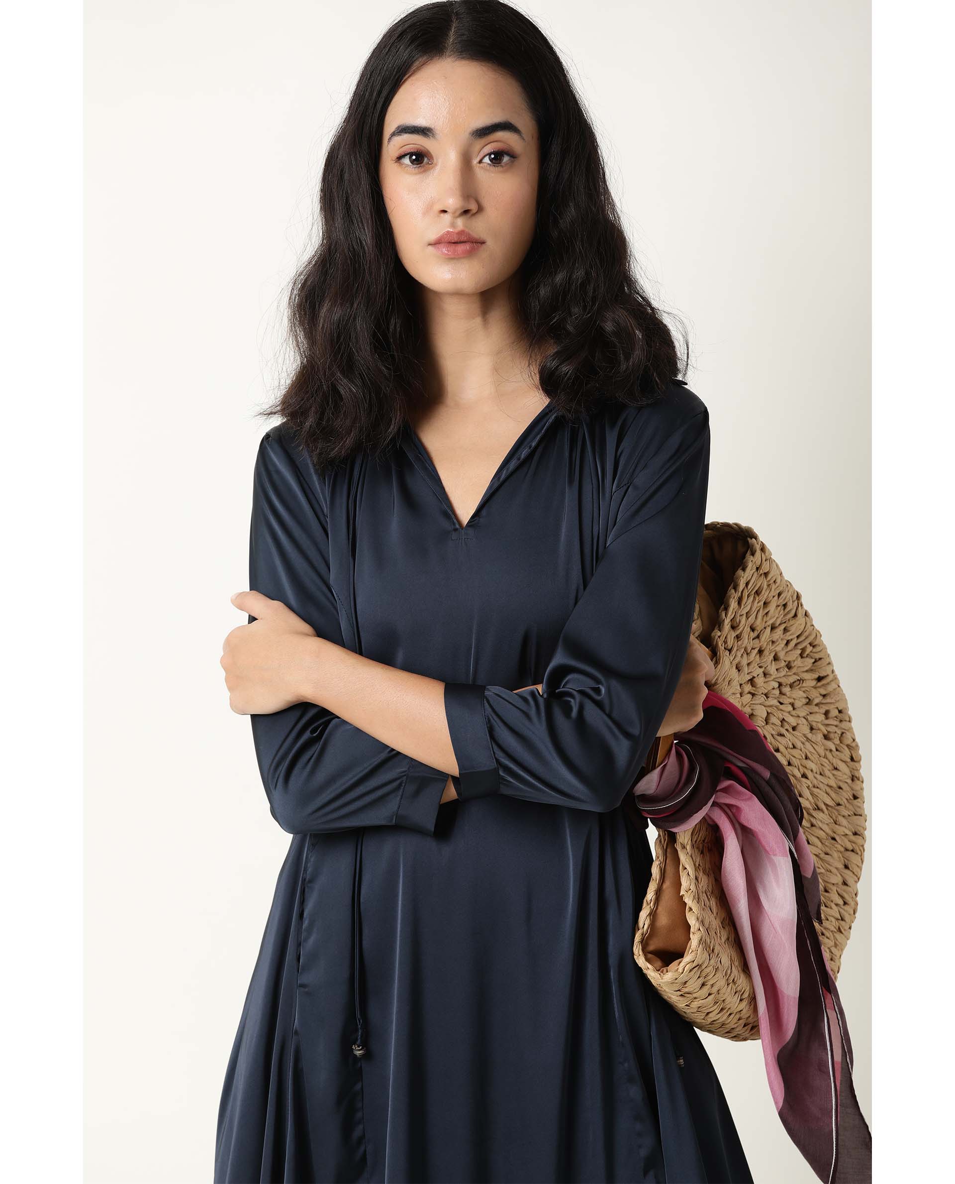 Rareism Womens Drella Navy Dress Modal Lycra Fabric Regular Fit Half Sleeve Lapel Neck