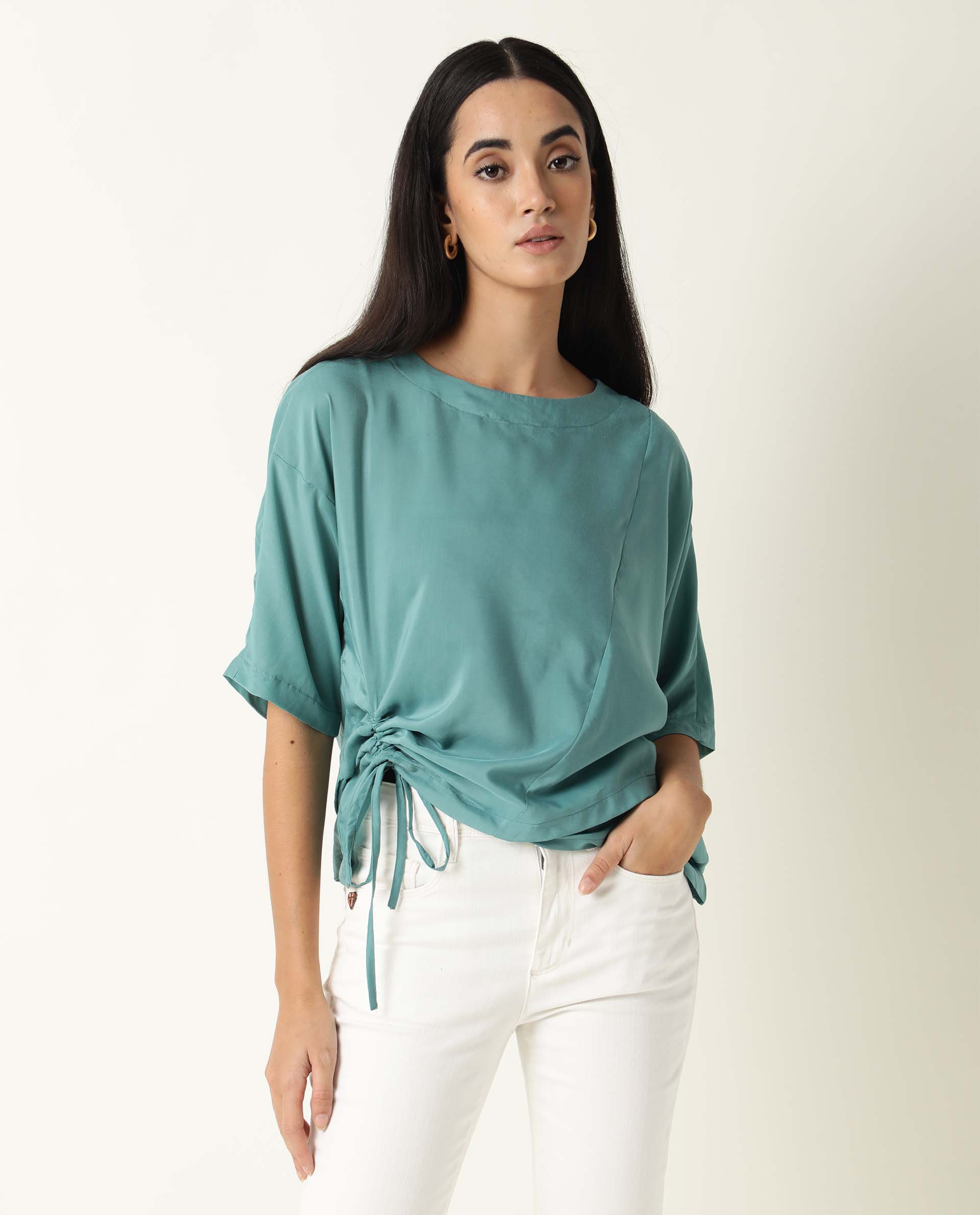 Rareism Women Paecos Green Polyester Fabric Regular Fit Boat Neck 3/4Th Sleeves Solid Top