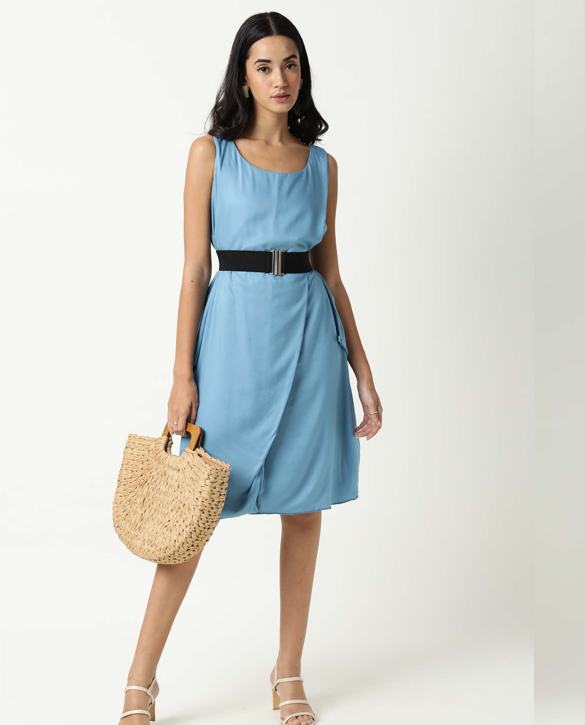 Rareism Women Clenzo Blue Round Neck Sleeveless Wrap Around Panel Mini Dress