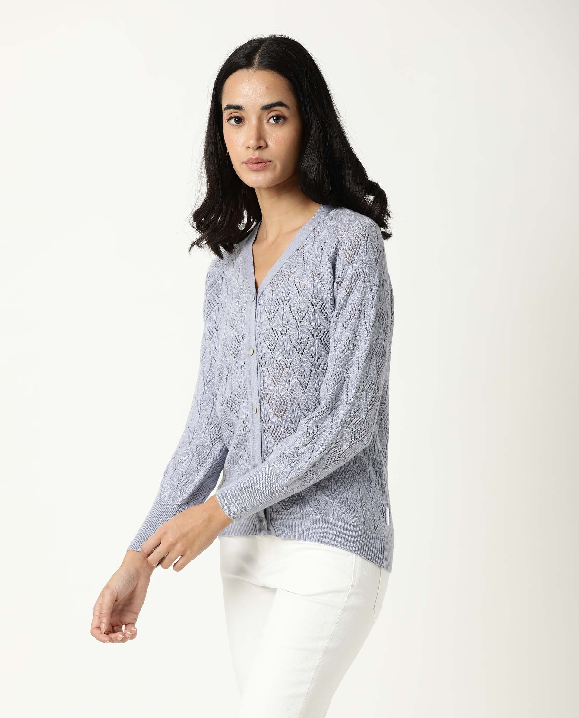 Rareism Women Adorn Purple Full Sleeves Regular Fit Solid V-Neck Sweater