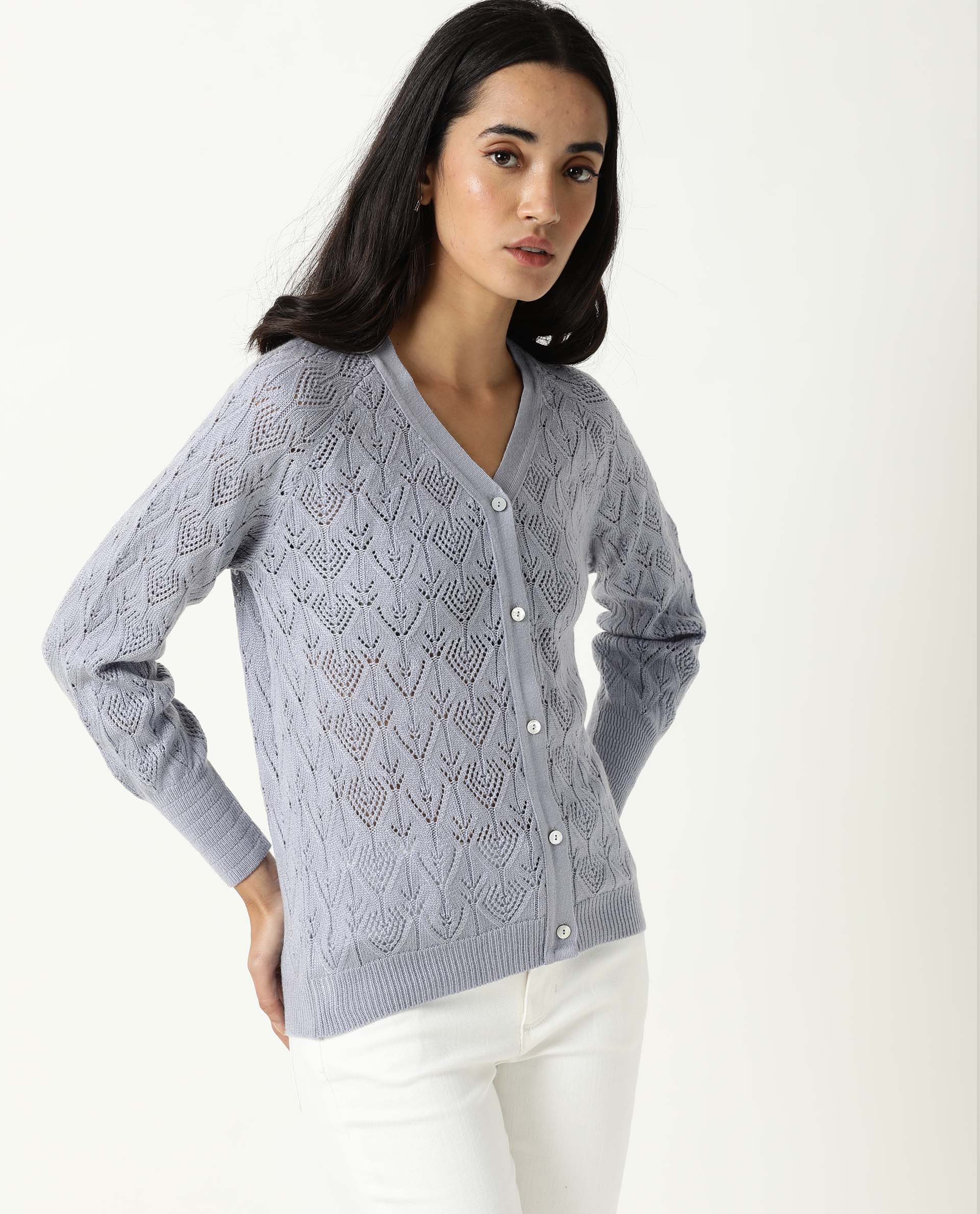Rareism Women Adorn Purple Full Sleeves Regular Fit Solid V-Neck Sweater