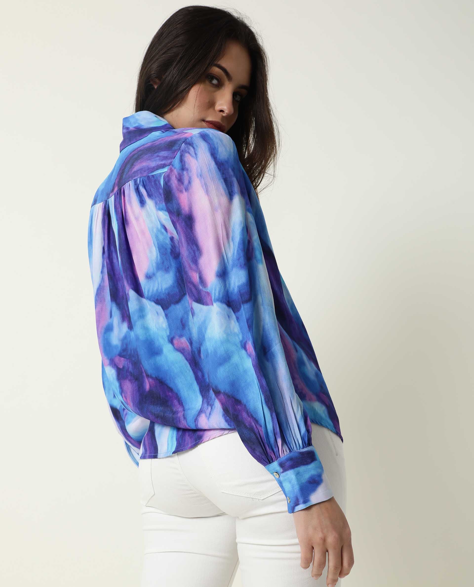 Rareism Womens Denvor Multi Top Poly Viscose Fabric Loose Fit Balloon Sleeve Collared Neck