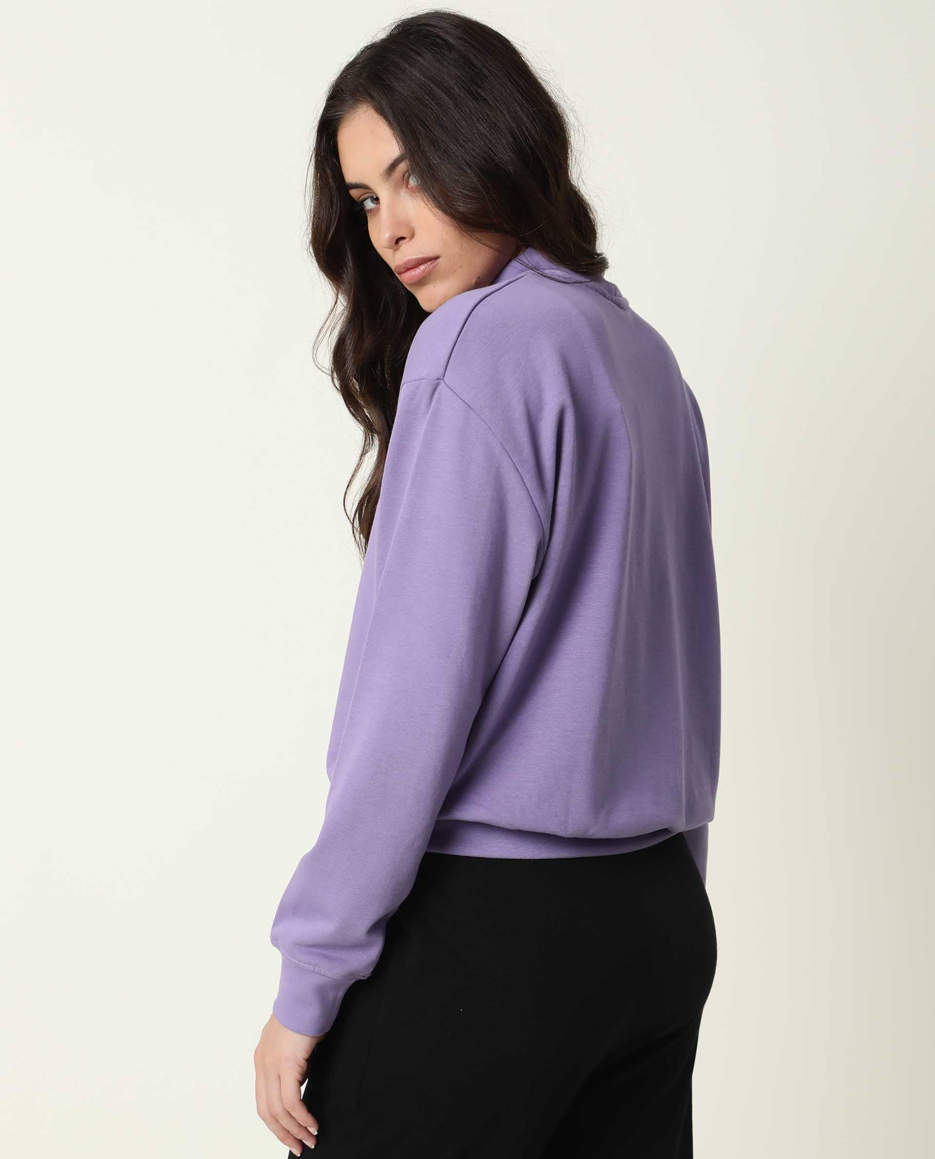 Rareism Women Hectare Pastel Purple Cotton Poly Fabric Relaxed Fit Full Sleeves Solid High Neck Sweatshirt