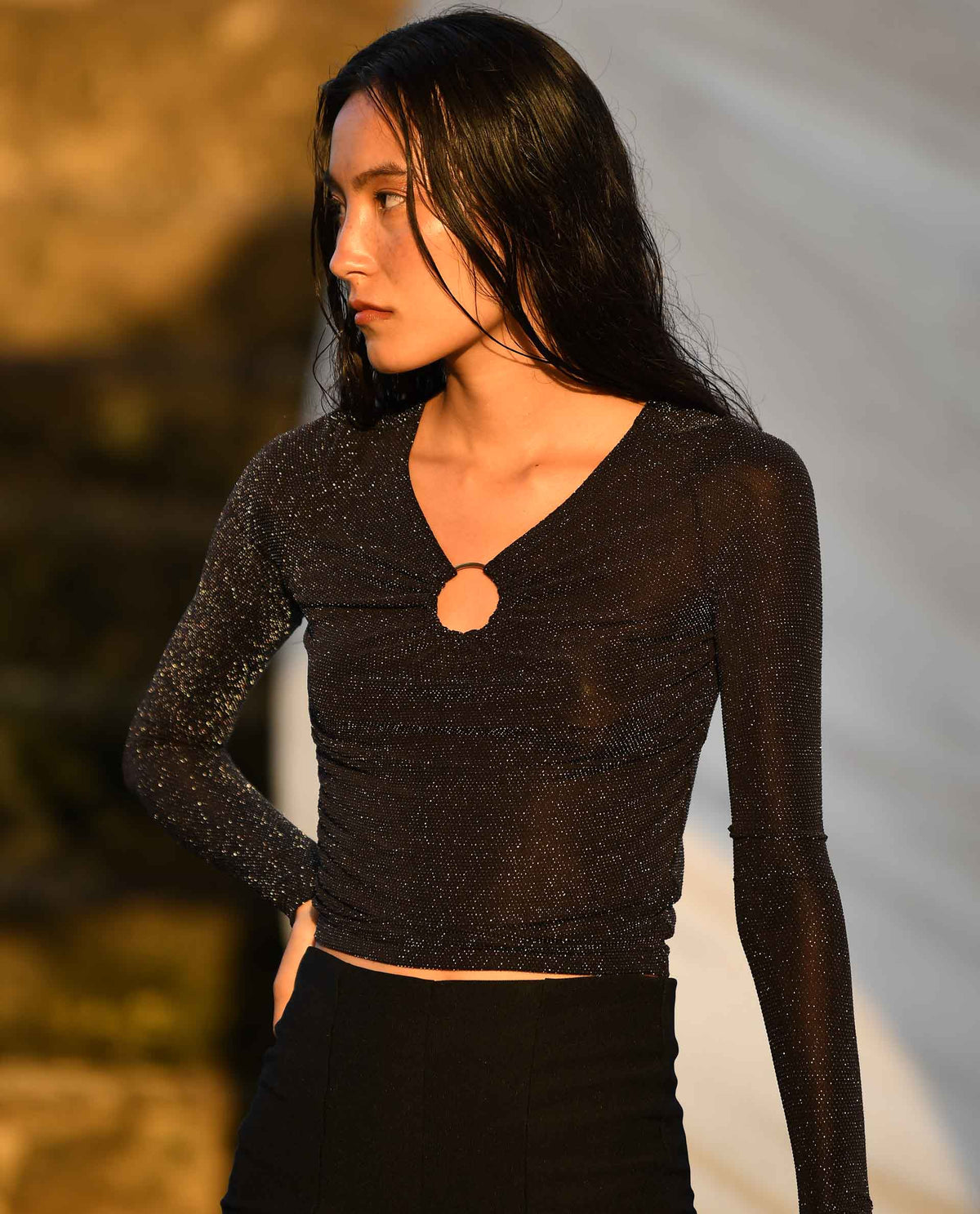 Rareism Women Ring Black Top Nylon Fabric Full Sleeves Solid