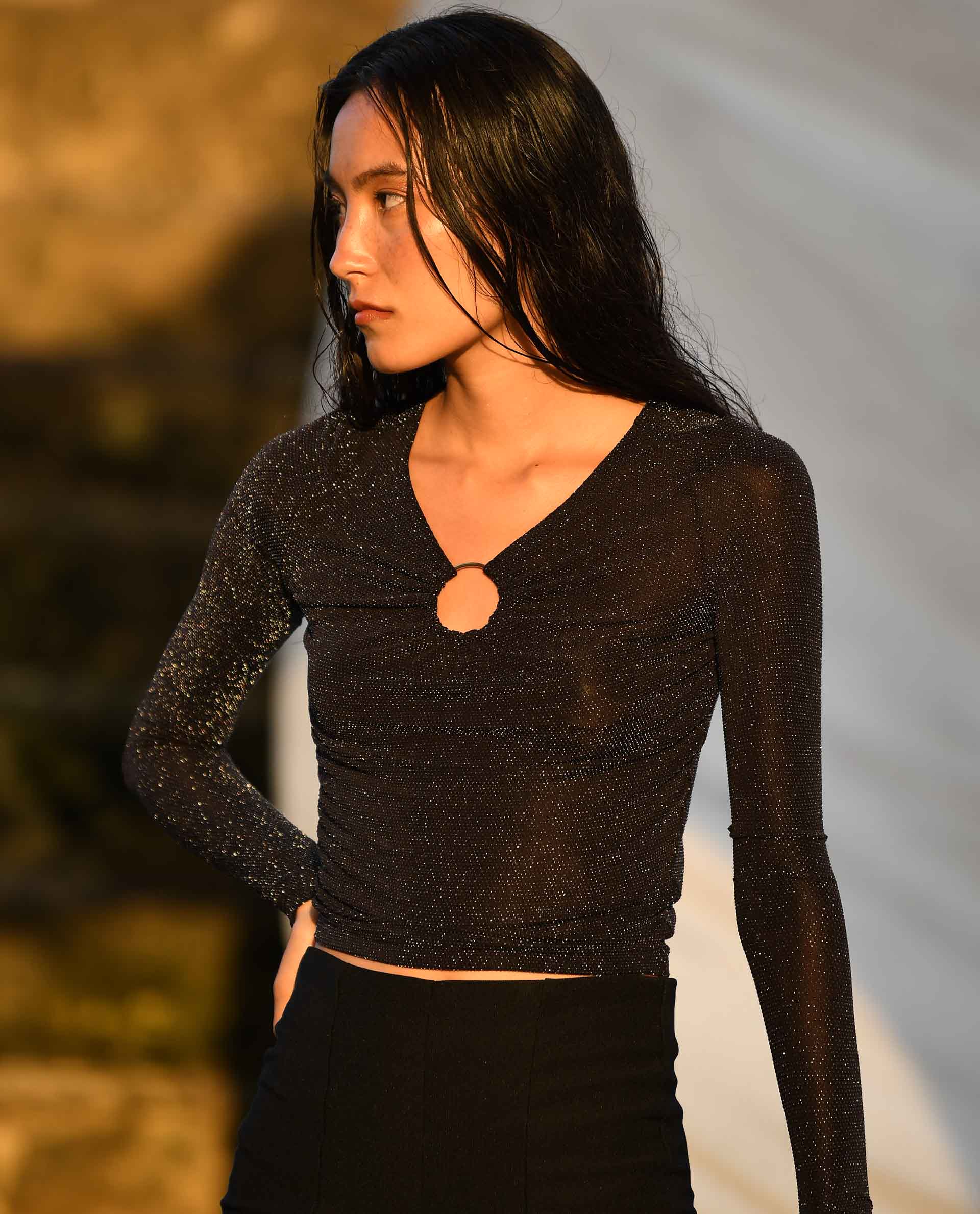 Rareism Women Ring Black Top Nylon Fabric Full Sleeves Solid