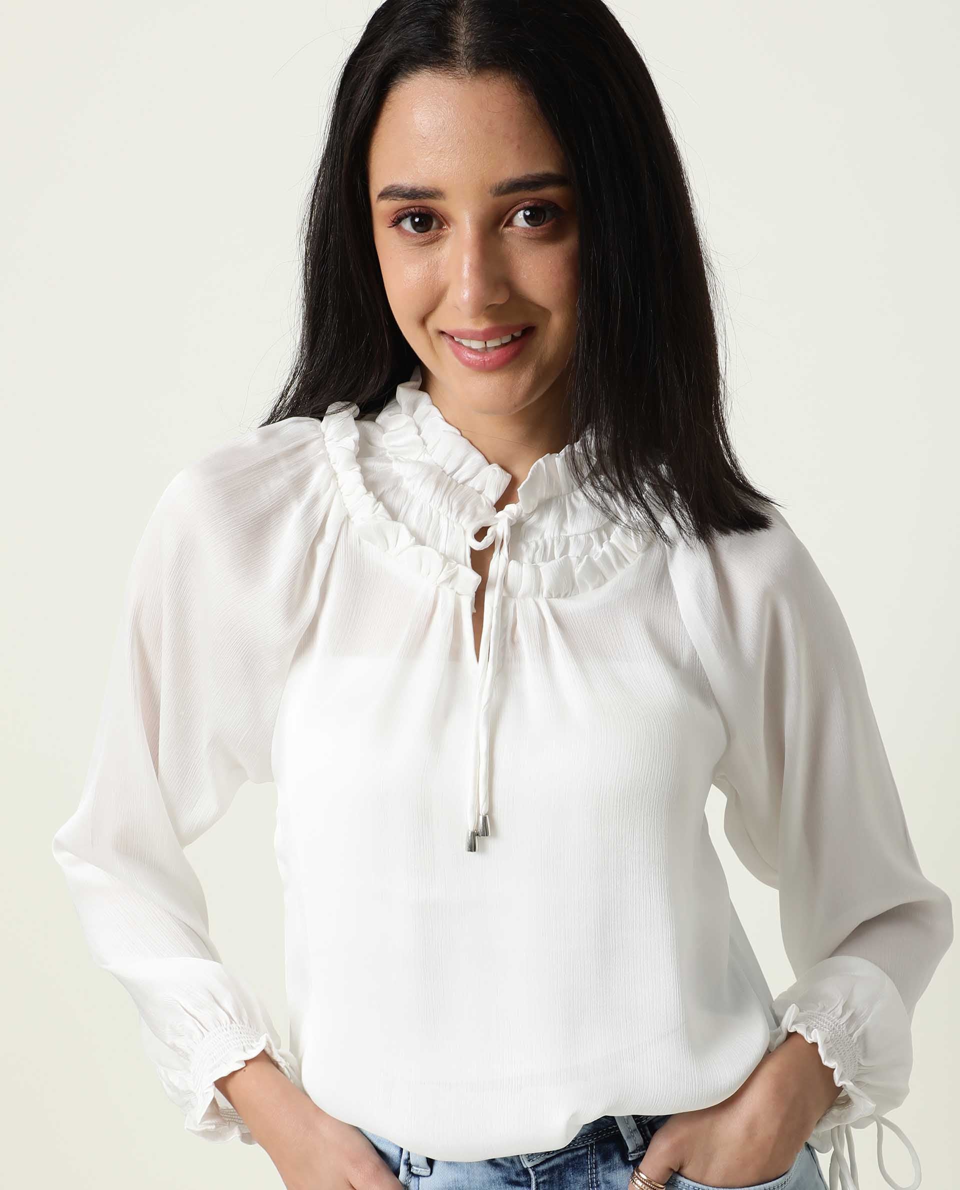 Rareism Women's Tremoe White Tie-Up Neck Plain Knee Length Regular Fit Top