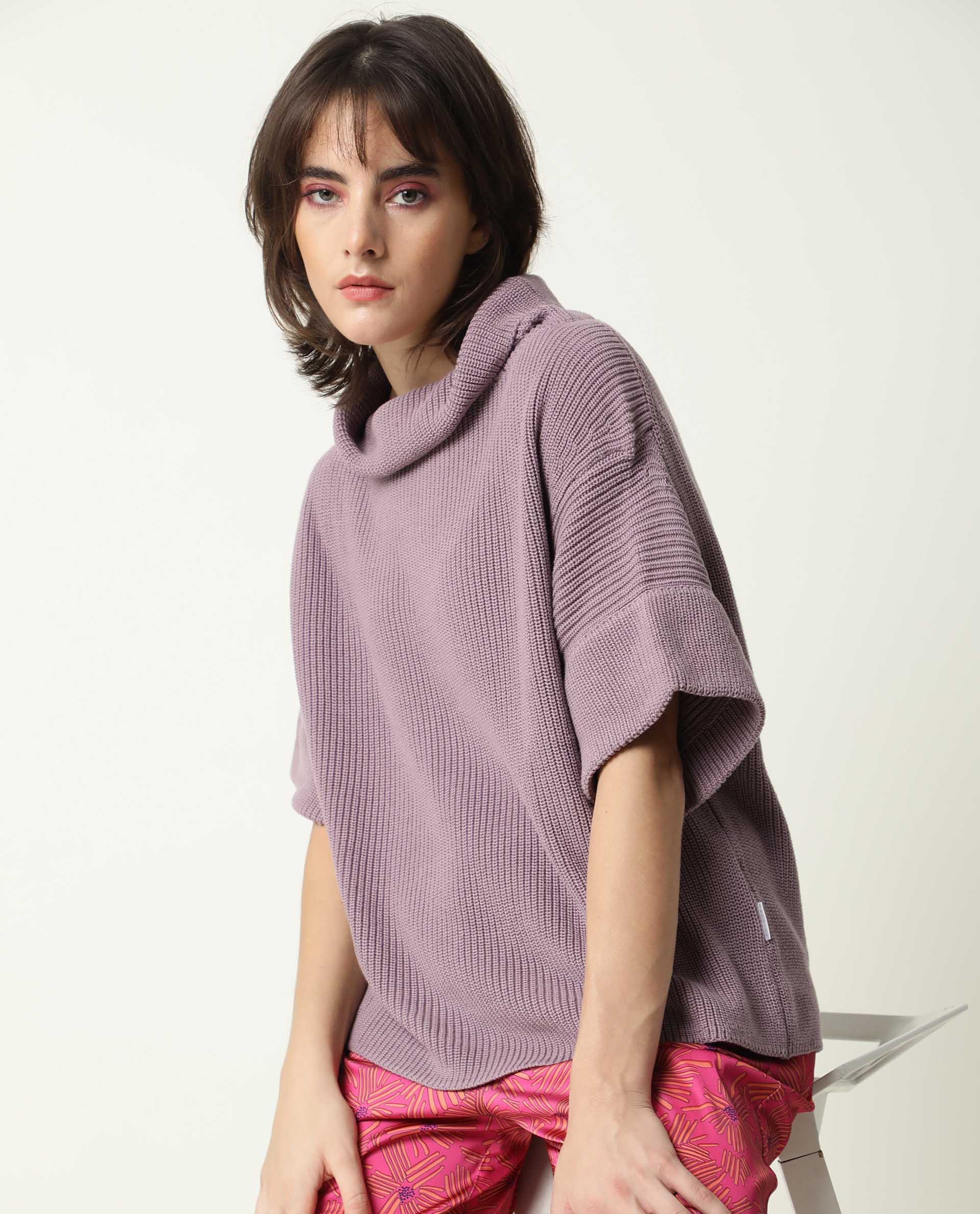 Rareism Women's Daffy Purple Cotton Cowl Neck Plain Cuffed Sleeve Relaxed Fit Sweater