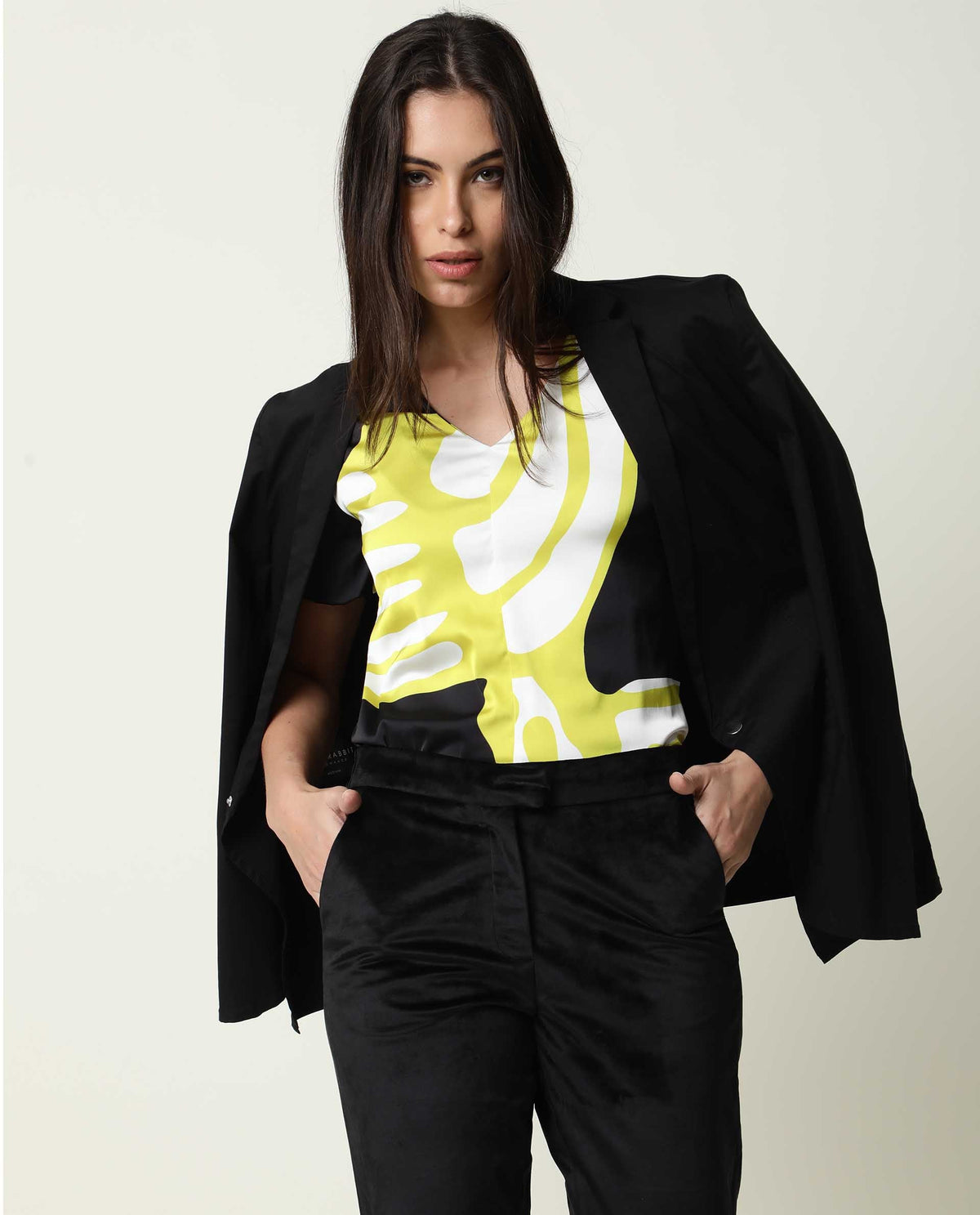 Rareism Womens Jane Black Top Modal Fabric Full Sleeve V Neck