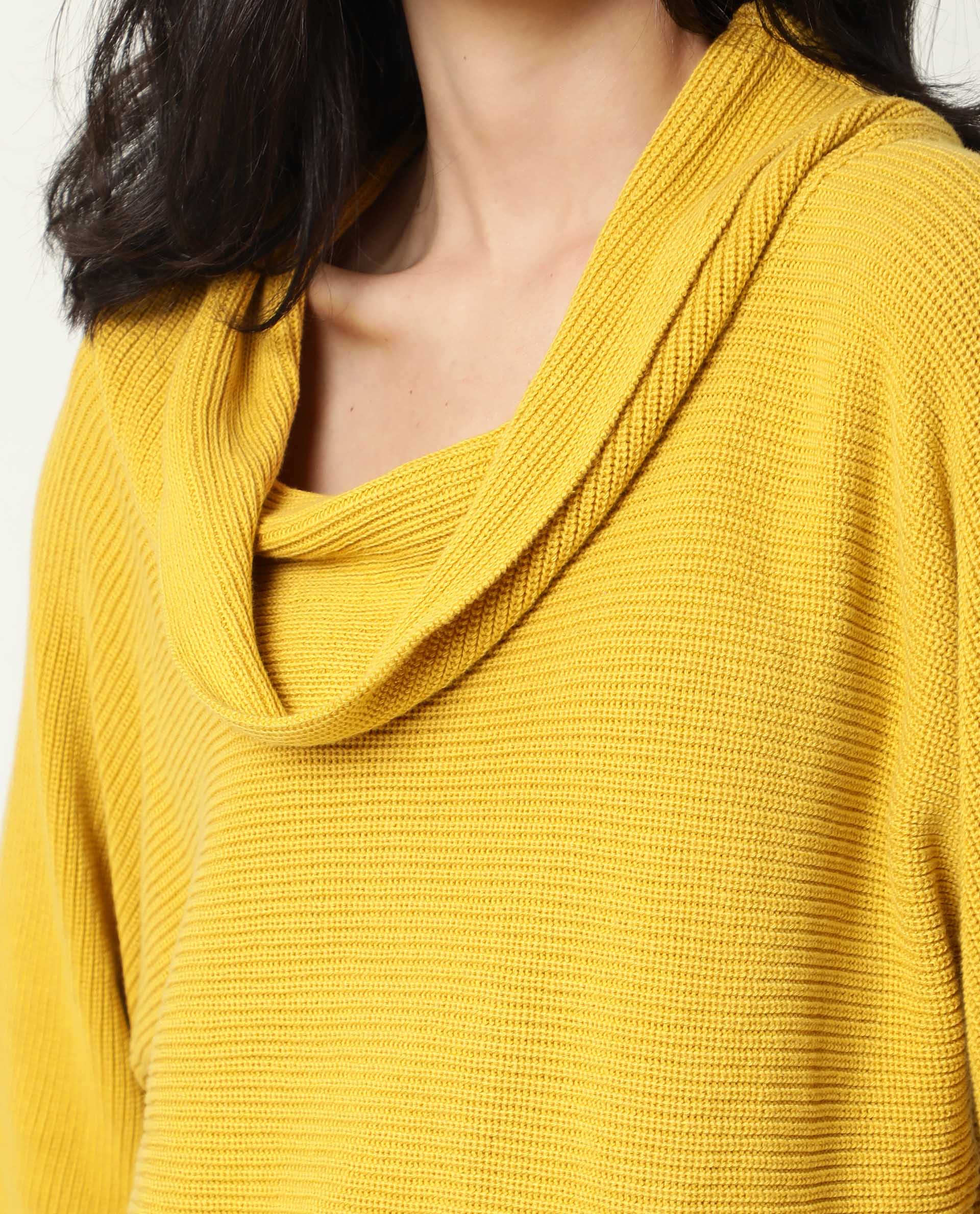 Rareism Women Cleo Mustard 3/4Th Sleeves Relaxed Fit Solid Cowl Neck Sweater