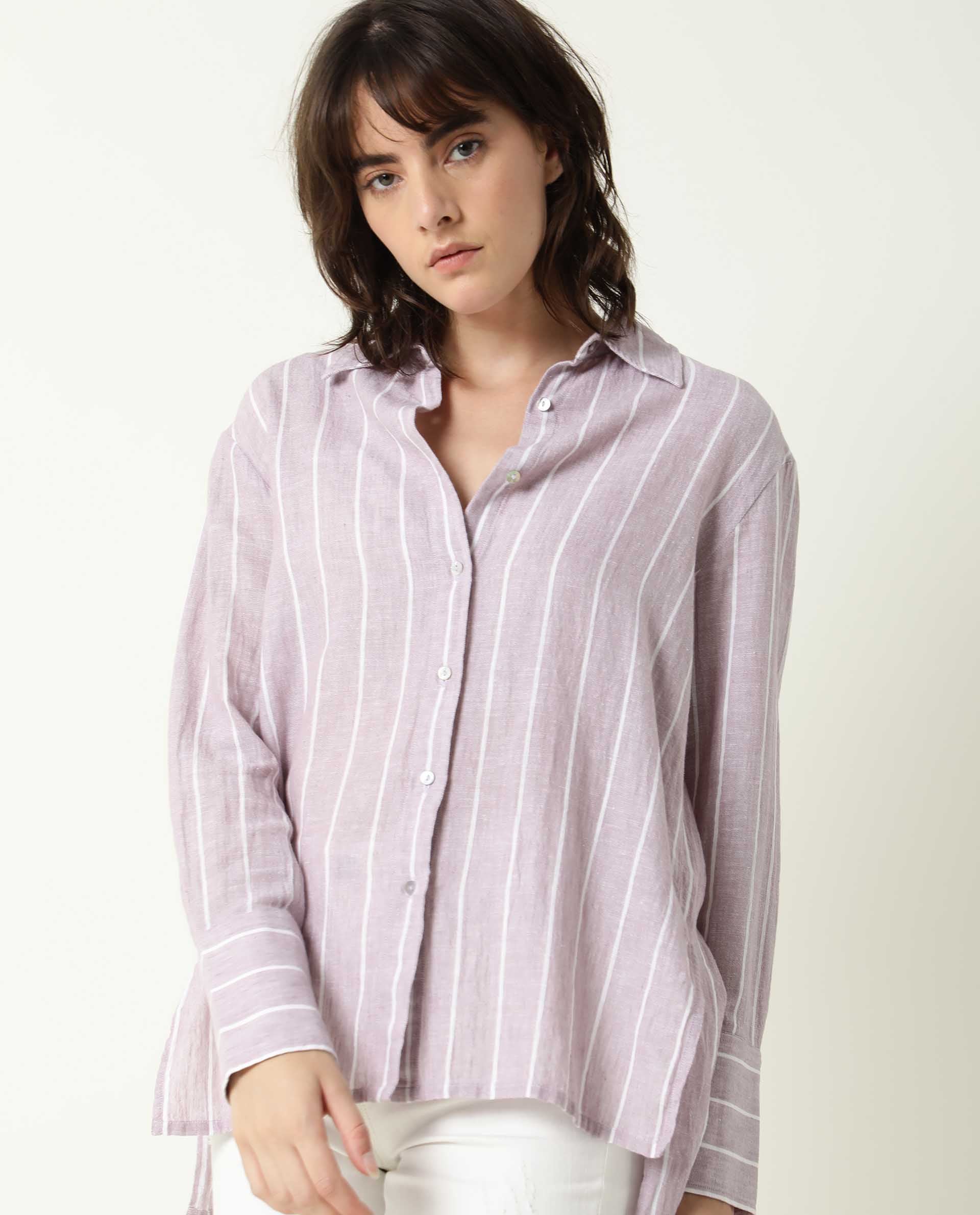 Rareism Women Vrish Pastel Purple Cotton Linen Fabric Relaxed Fit Collared Neck Full Sleeves Striped Top
