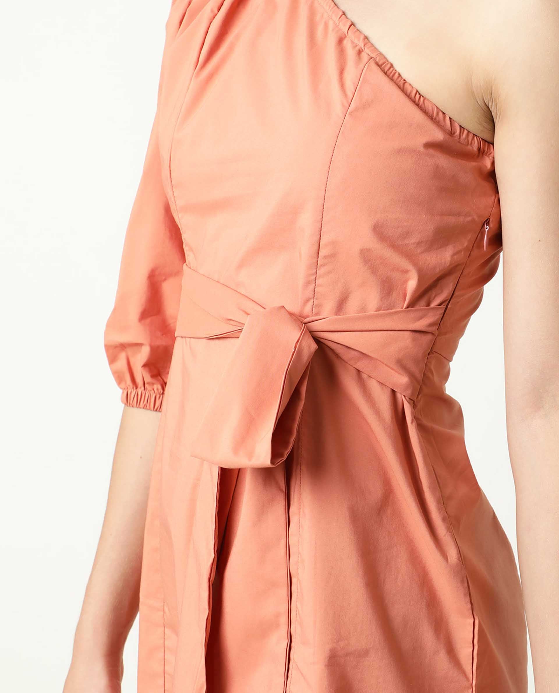 Rareism Women's Floris Peach Polyester Blend One Shoulder Plain Puff Sleeves Knee Length Slim Fit Dress