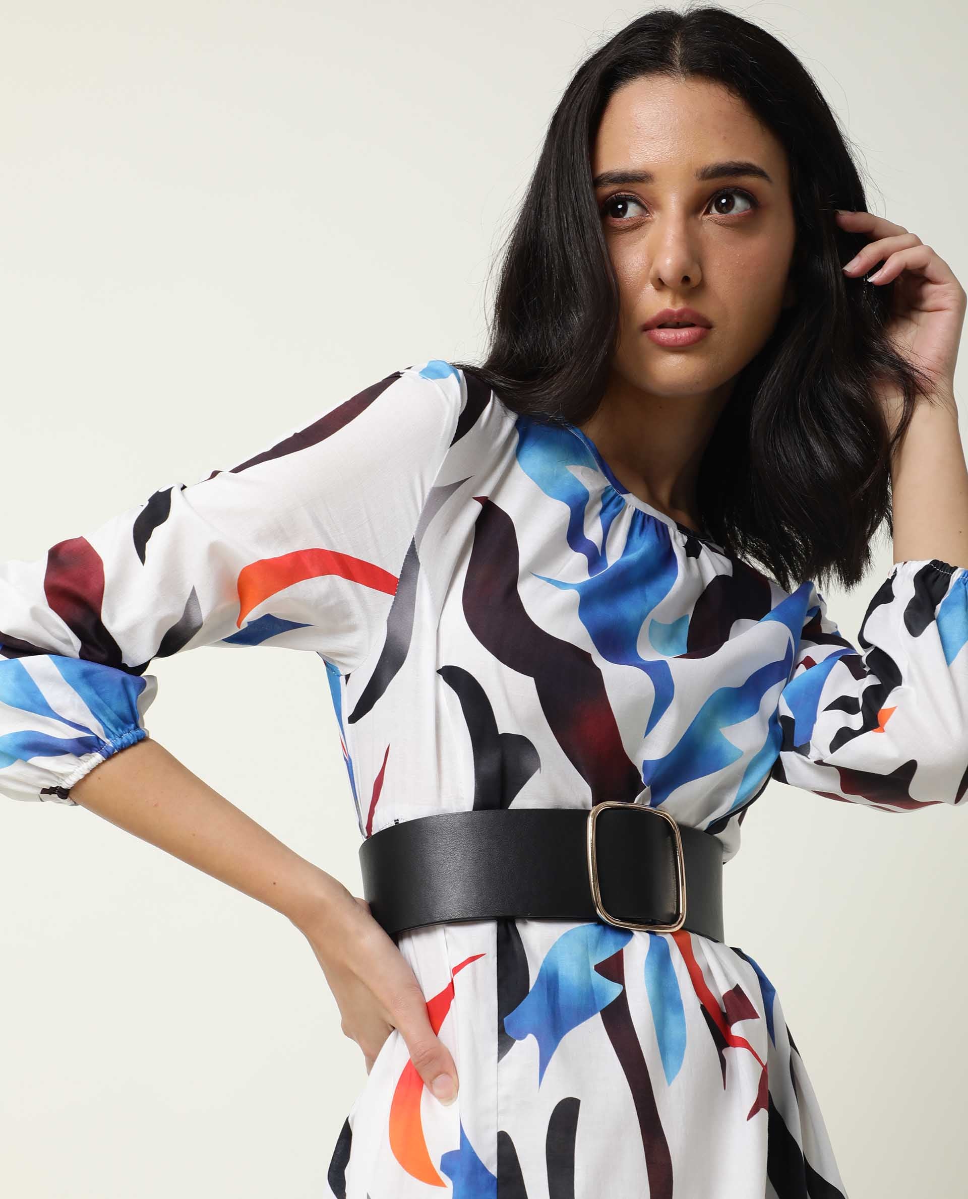 Rareism Women Europe White Abstract Boat Neck 3/4 Sleeves Tiered Maxi Dress