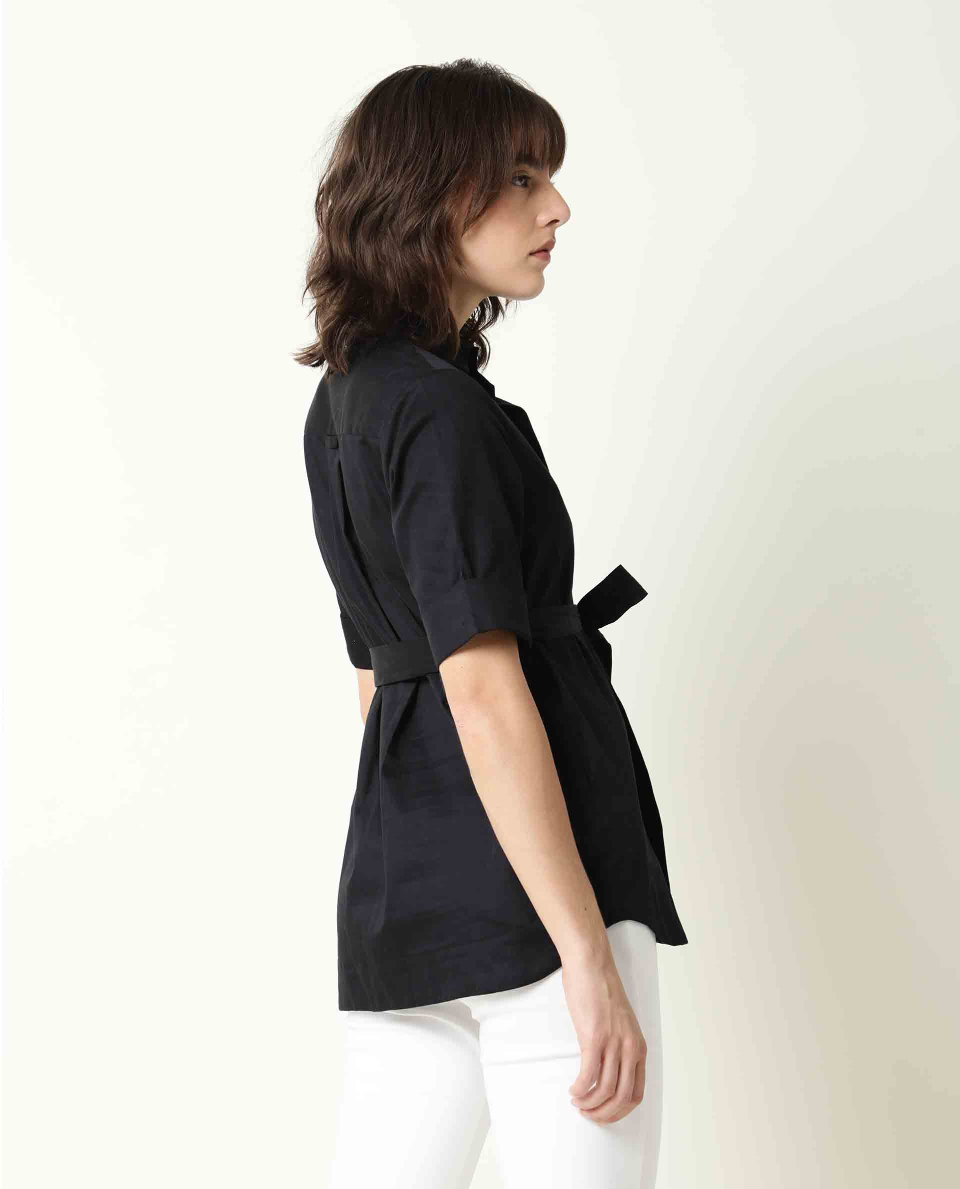 Rareism Women's Glitter Black Spread Collar Plain Knee Length Relaxed Fit Top
