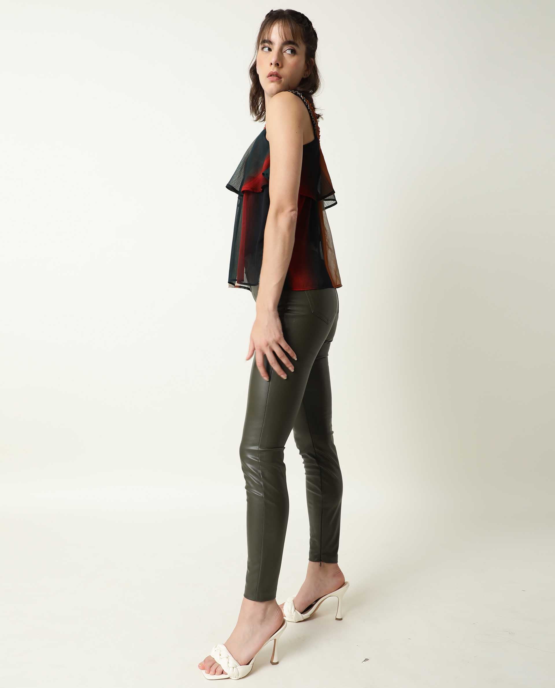 Rareism Women Pepsi Multi Viscose Fabric Regular Fit Cropped Square Neck Sleeveless Striped Top