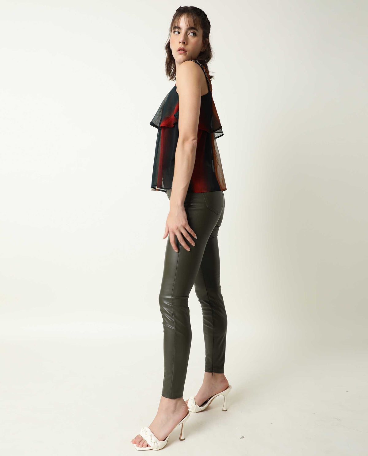 Rareism Women Pepsi Multi Viscose Fabric Regular Fit Cropped Square Neck Sleeveless Striped Top