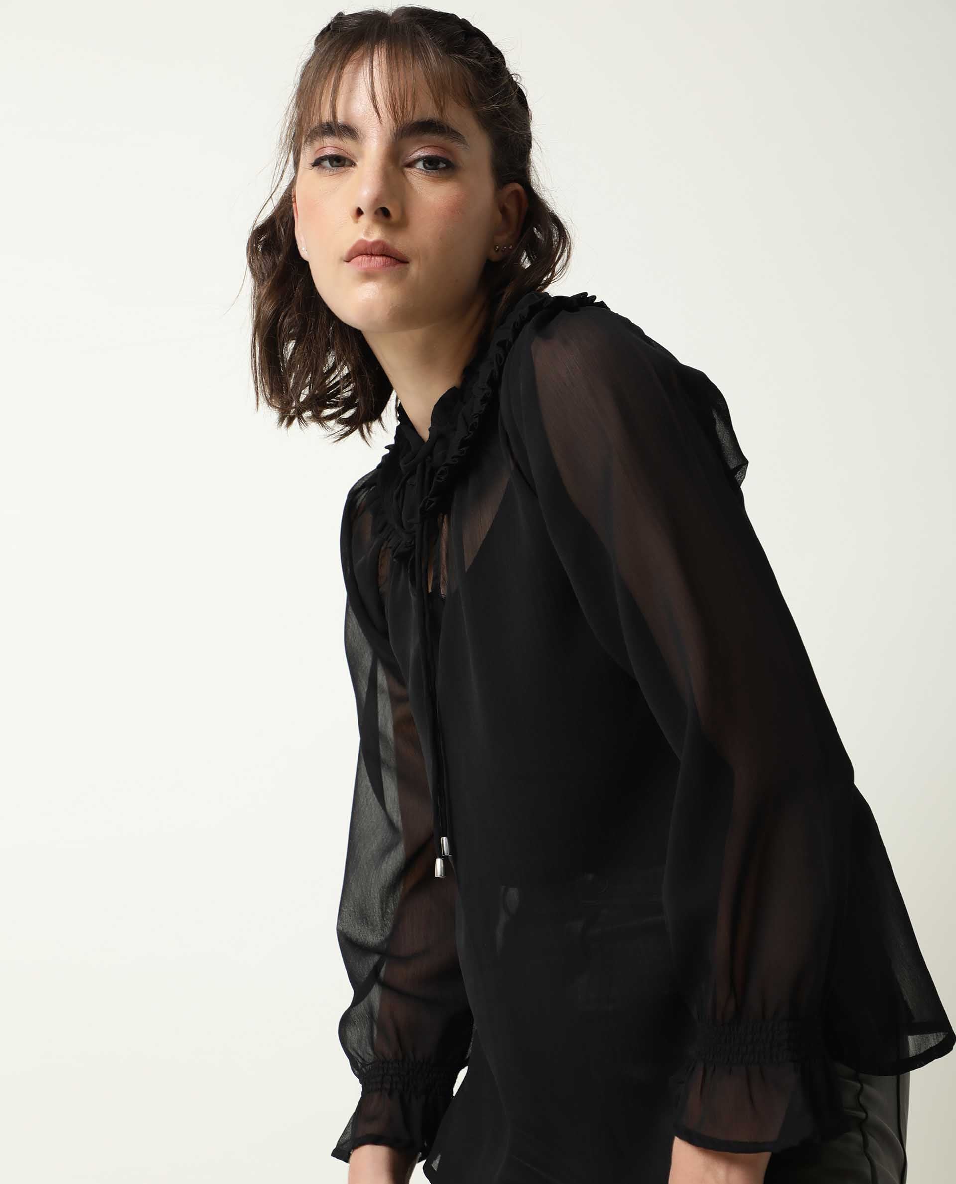 Rareism Women's Pesto Black Viscose Tie-Up Neck Plain Tailored Top