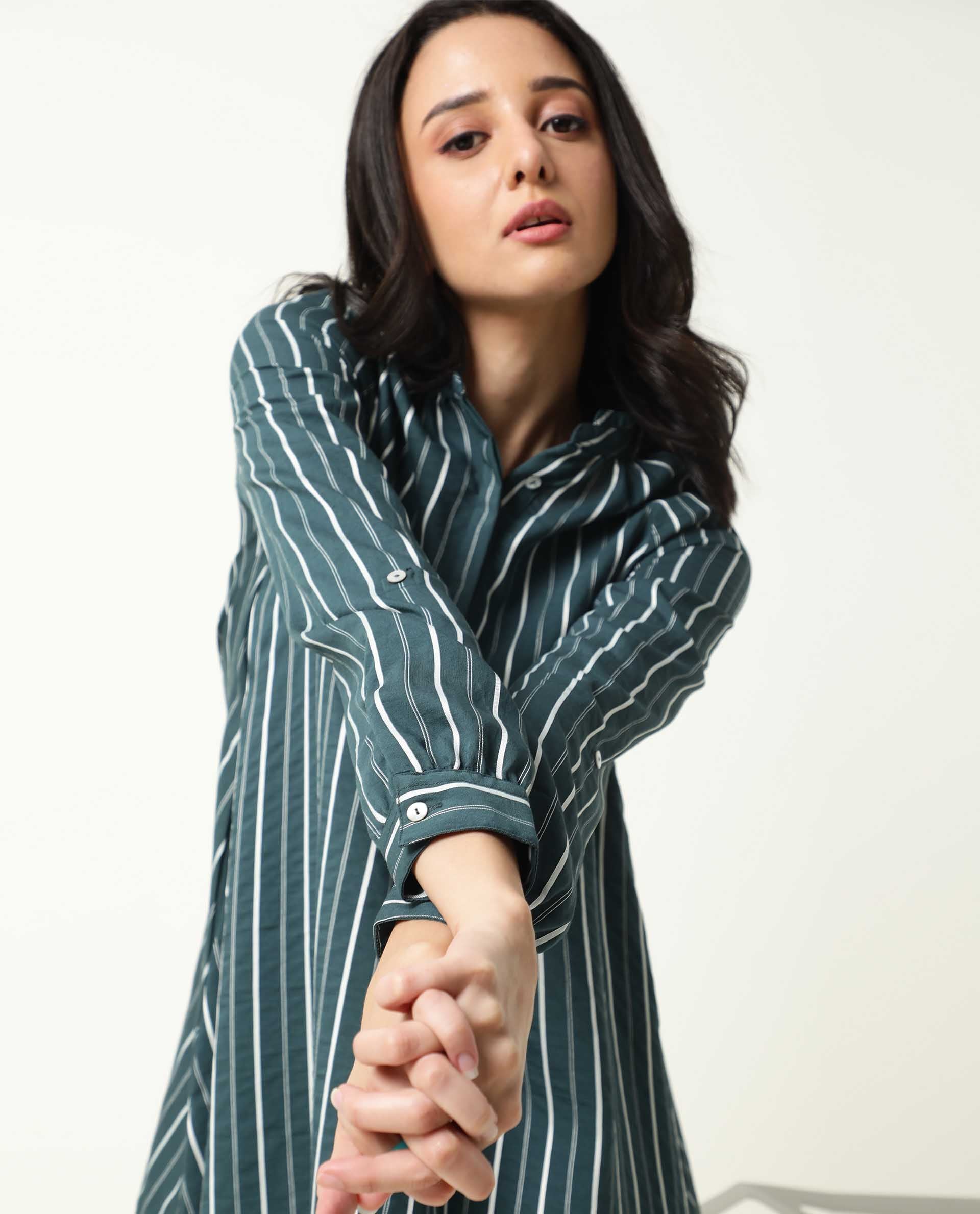 Rareism Womens Maltisse Green Dress Viscose Nylone Fabric Relaxed Fit Full Sleeve Collared Neck