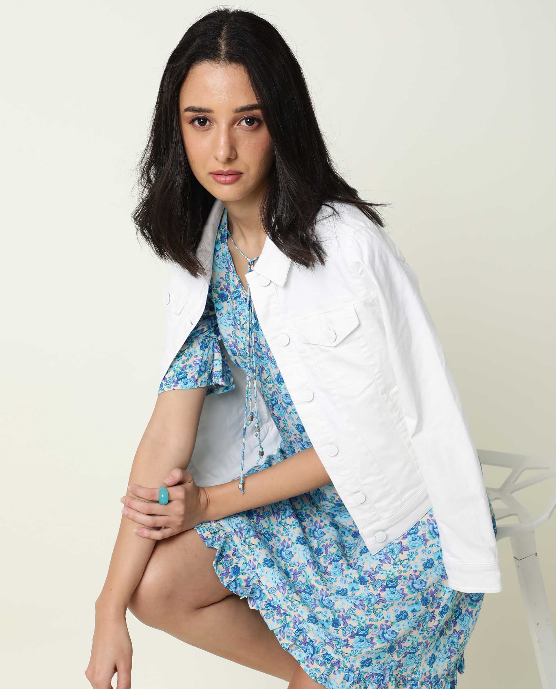 Rareism Women's Eon Blue Viscose V-Neck Floral Print Puff Sleeves Midi Slim Fit Dress