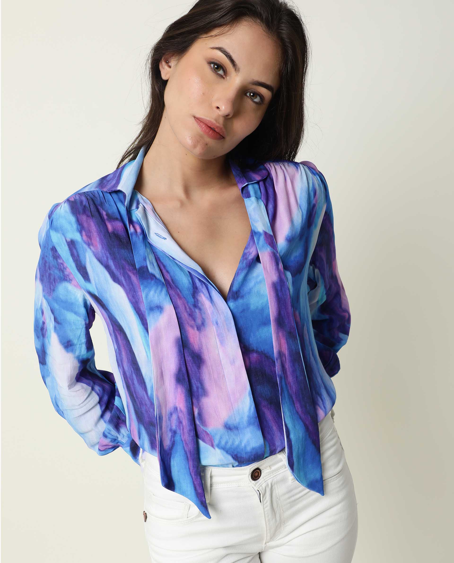 Rareism Womens Denvor Multi Top Poly Viscose Fabric Loose Fit Balloon Sleeve Collared Neck