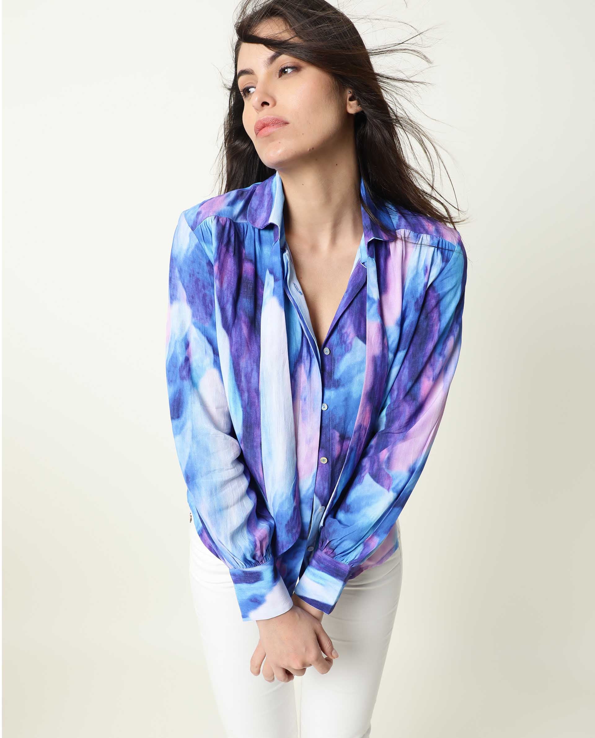 Rareism Womens Denvor Multi Top Poly Viscose Fabric Loose Fit Balloon Sleeve Collared Neck