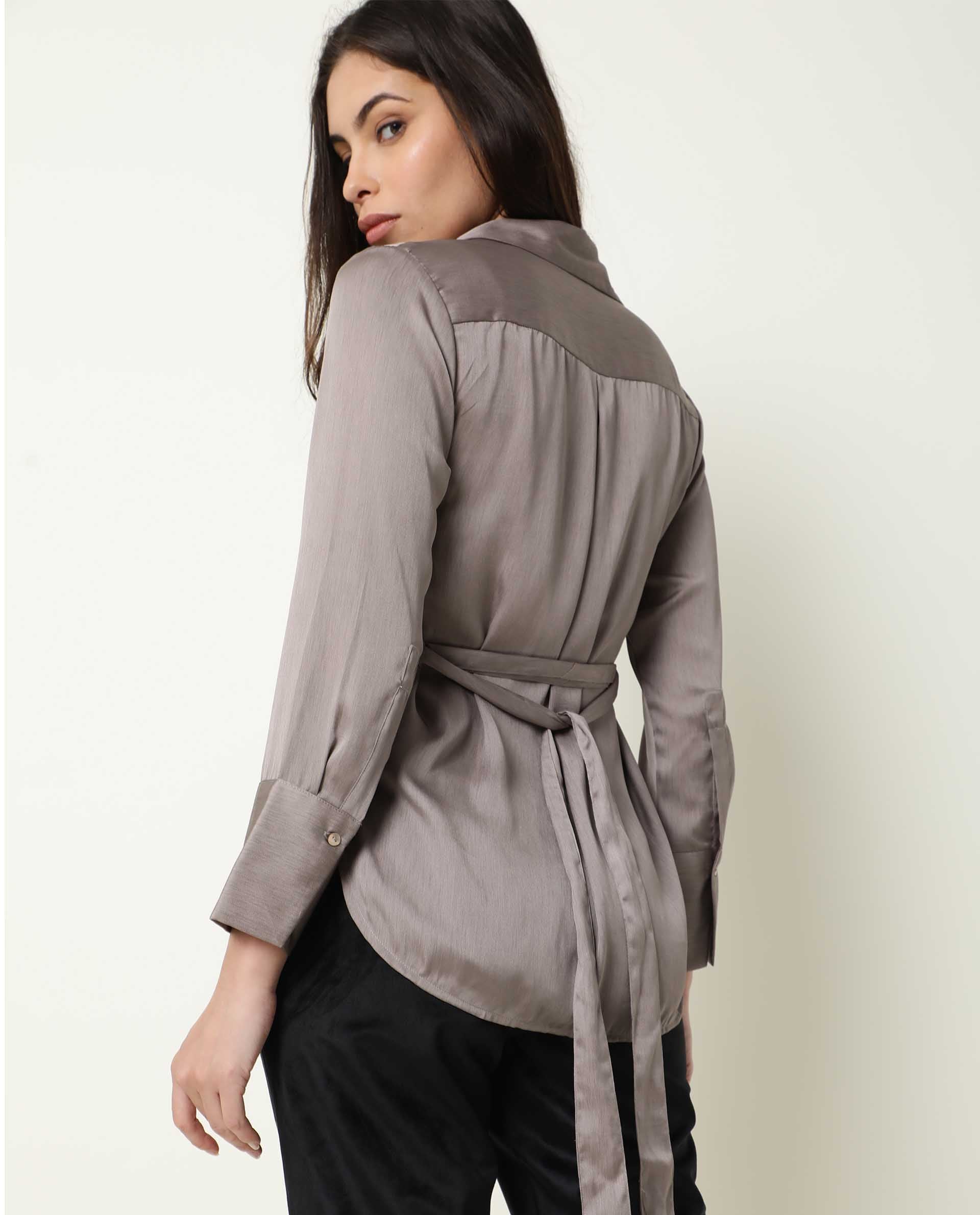 Rareism Womens Wandy Beige Top Polyester Fabric Full Sleeve Collared Neck