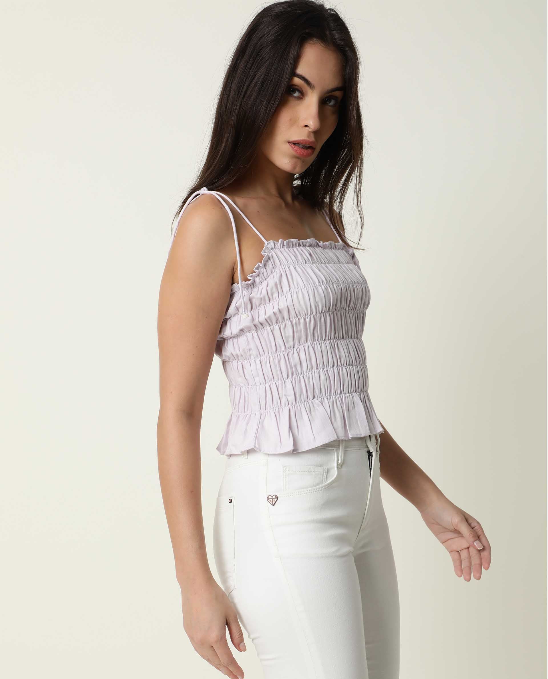 Rareism Womens Mappy Lilac Top Cotton Linen Fabric Sleeveless Square Neck