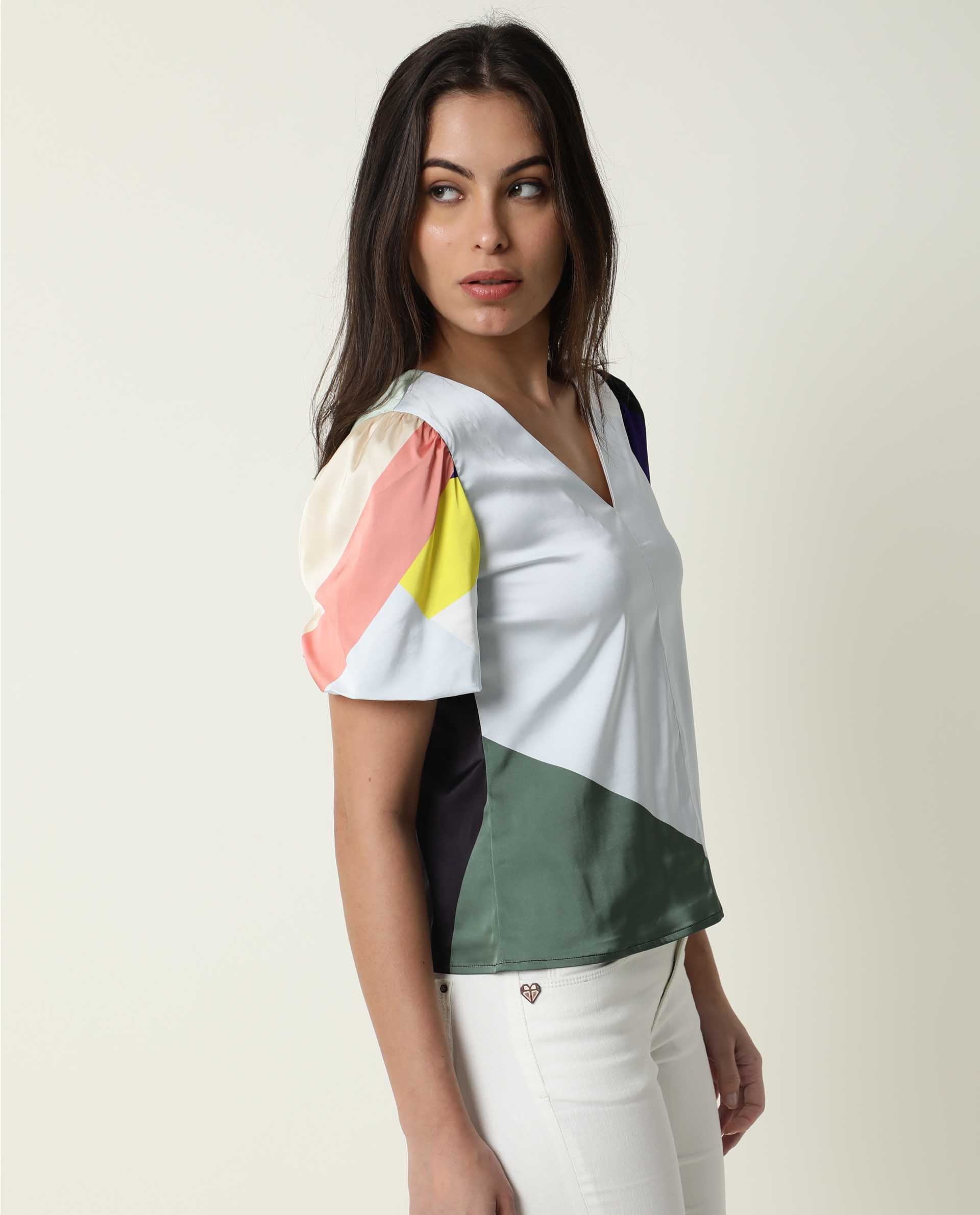 Rareism Women Valve Multi Modal Fabric Relaxed Fit Cropped V-Neck Half Sleeves Abstract Print Top