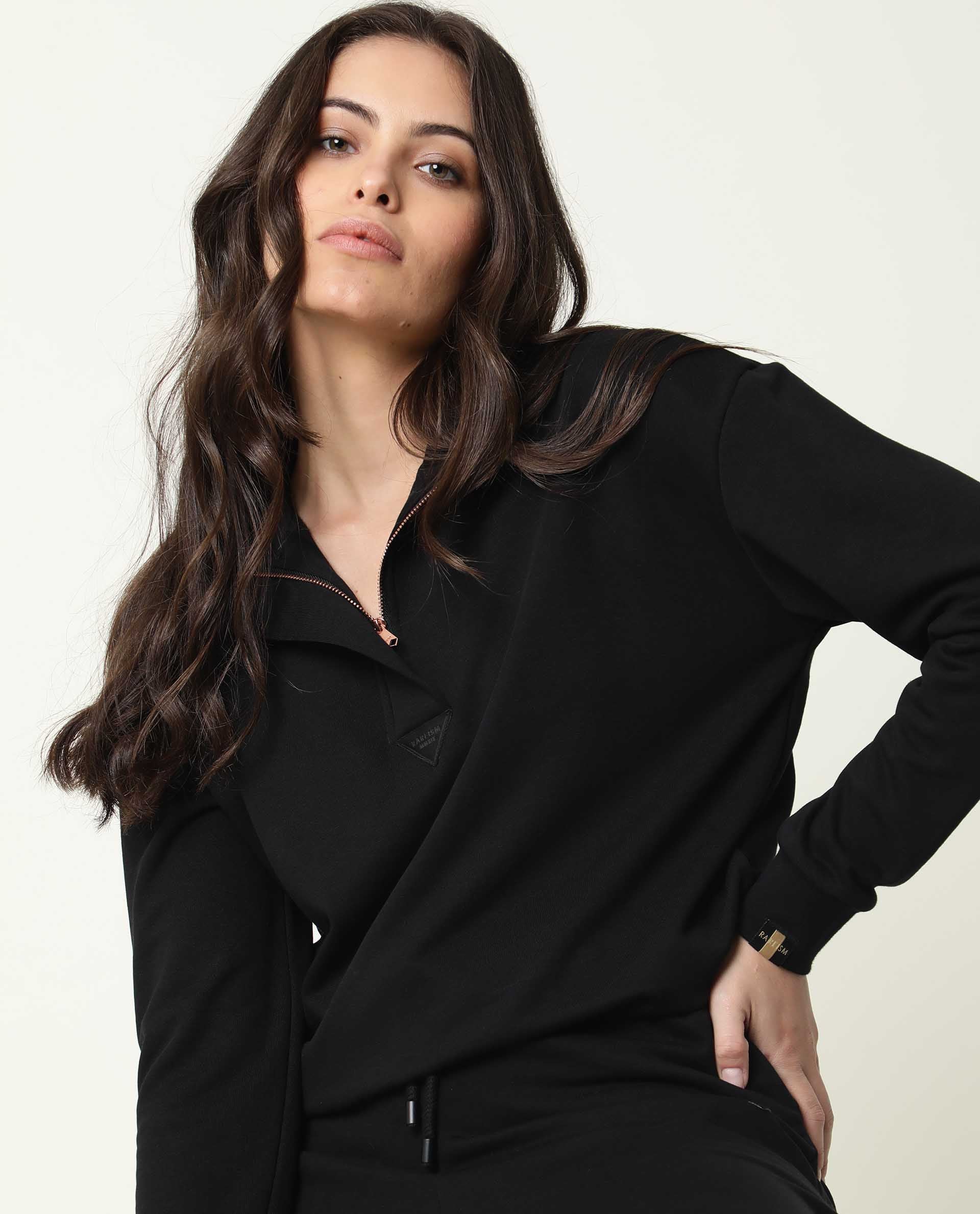 Rareism Women Taffy-1 Black Relaxed Fit Full Sleeves Solid High Neck Sweatshirt