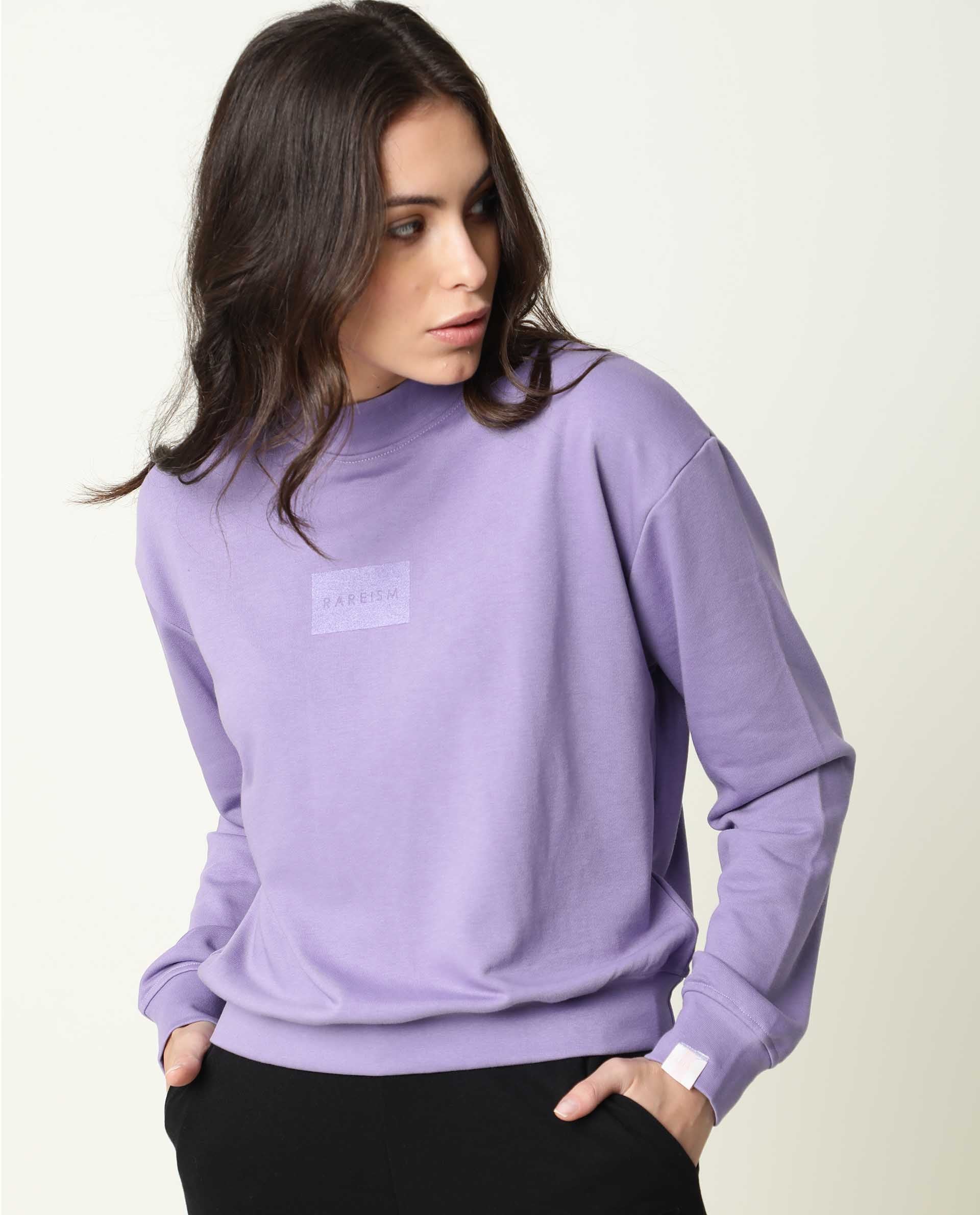 Rareism Women Hectare Pastel Purple Cotton Poly Fabric Relaxed Fit Full Sleeves Solid High Neck Sweatshirt