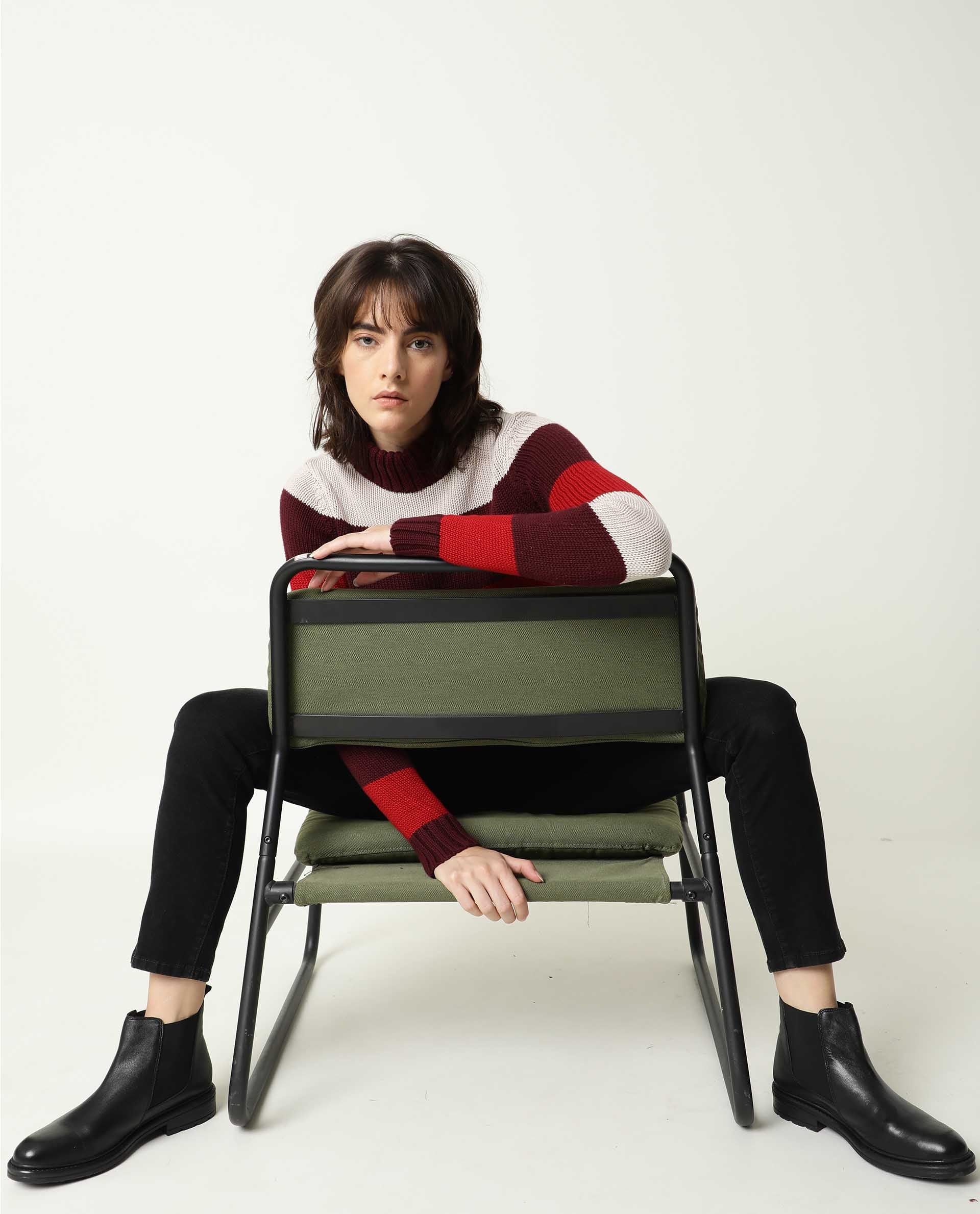 Rareism Women Tony Maroon Full Sleeves Regular Fit Color Blocked Turtle Neck Sweater