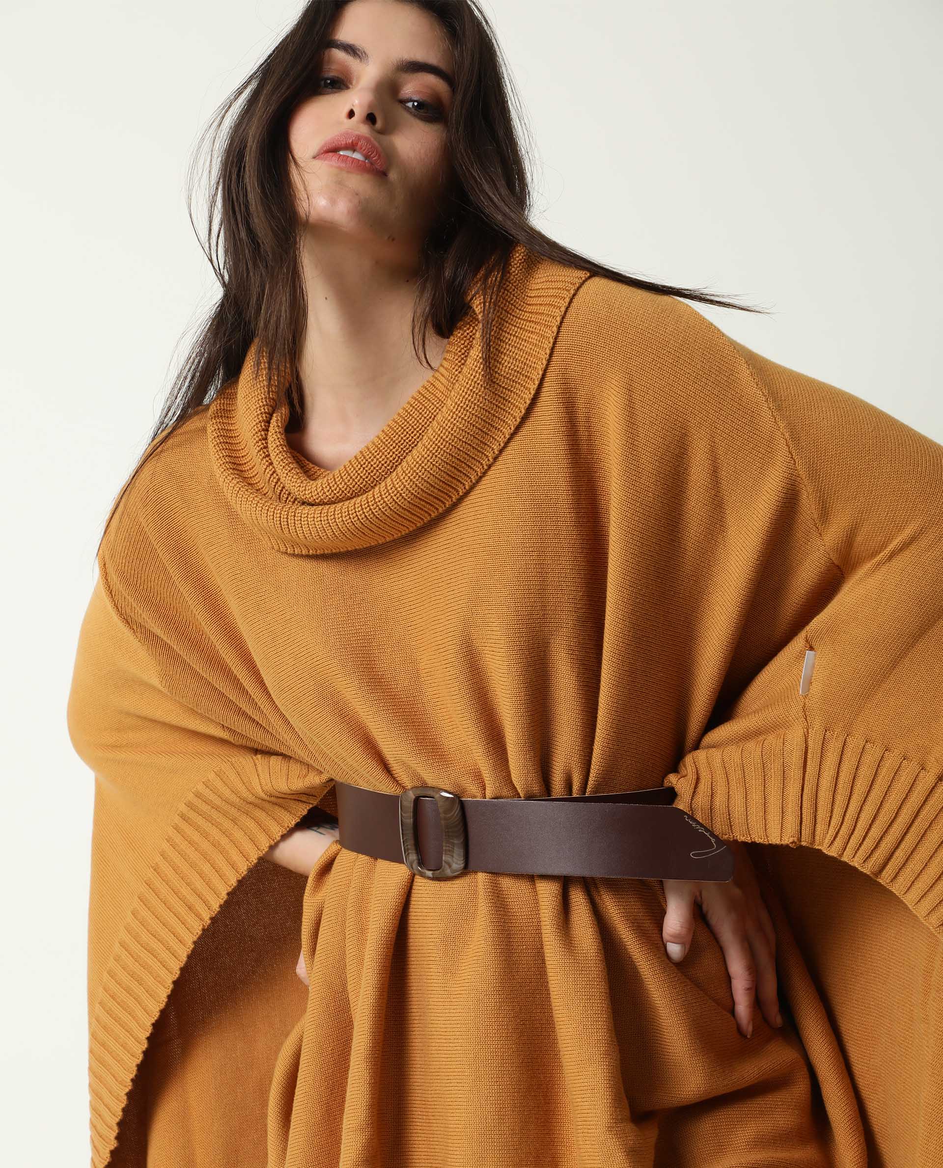 Rareism Womens Kafty Brown Over Layer Tube Neck Half Sleeve Oversize Fit