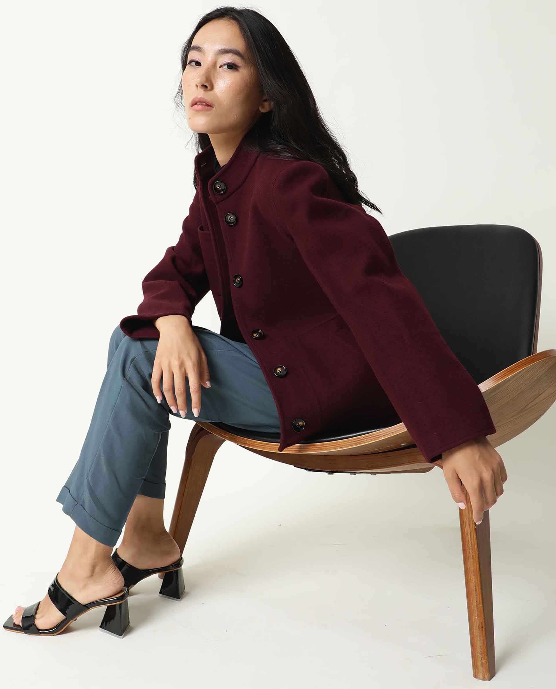 Rareism Women Comico Maroon Polyester Fabric Full Sleeves Solid Mandarin Collar Jacket