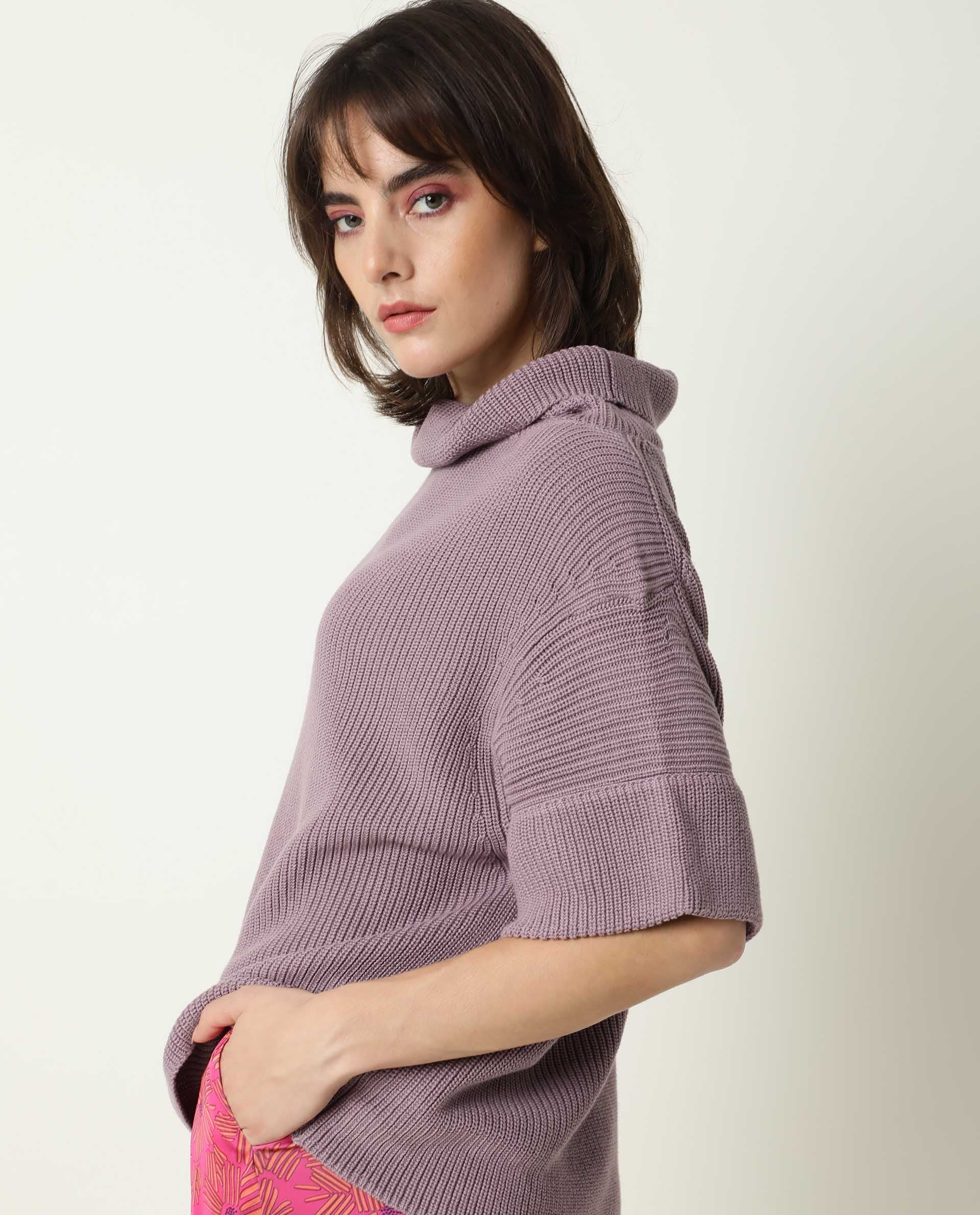 Rareism Women's Daffy Purple Cotton Cowl Neck Plain Cuffed Sleeve Relaxed Fit Sweater