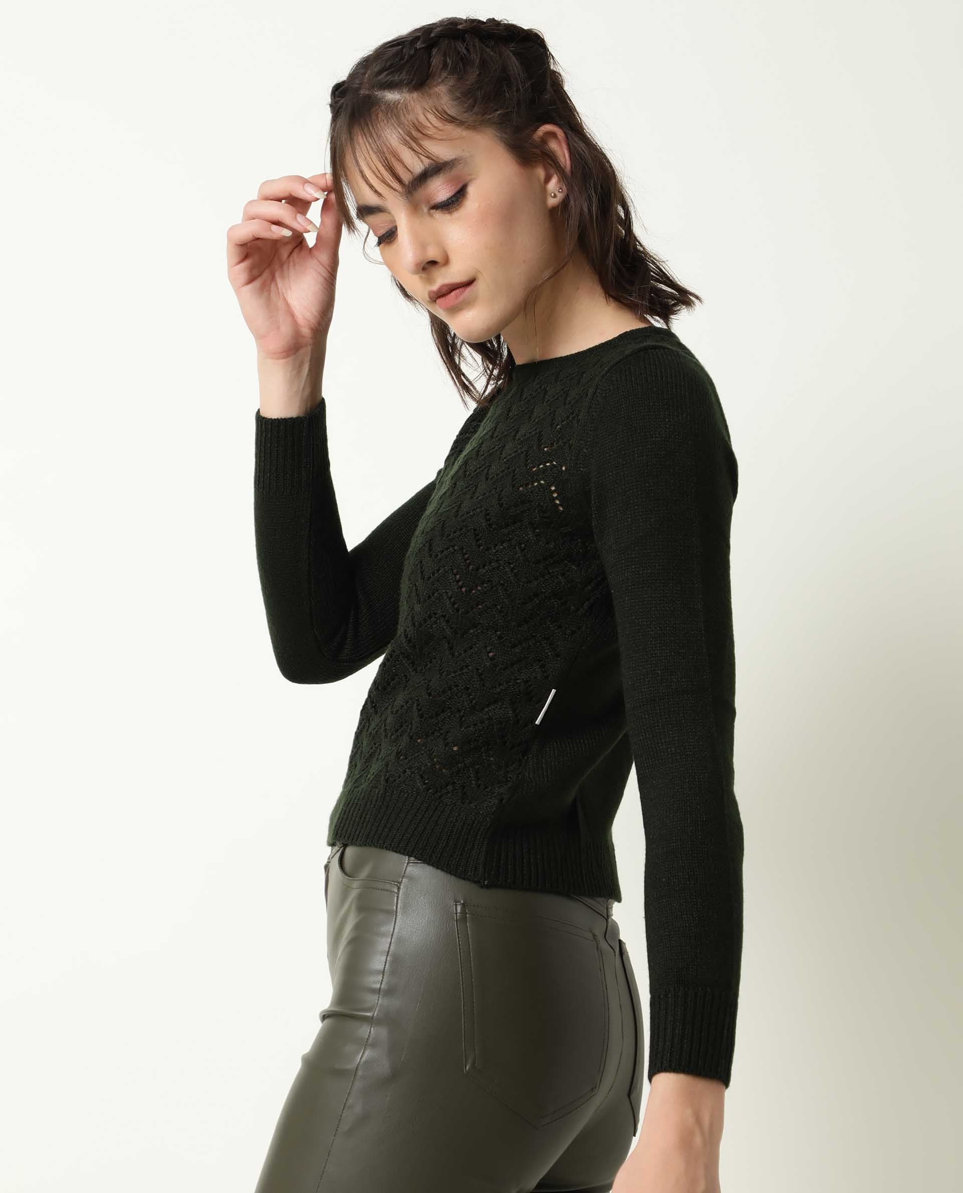 Rareism Women Sami Olive Acrylic Fabric Full Sleeves Slim Fit Solid Round Neck Sweater