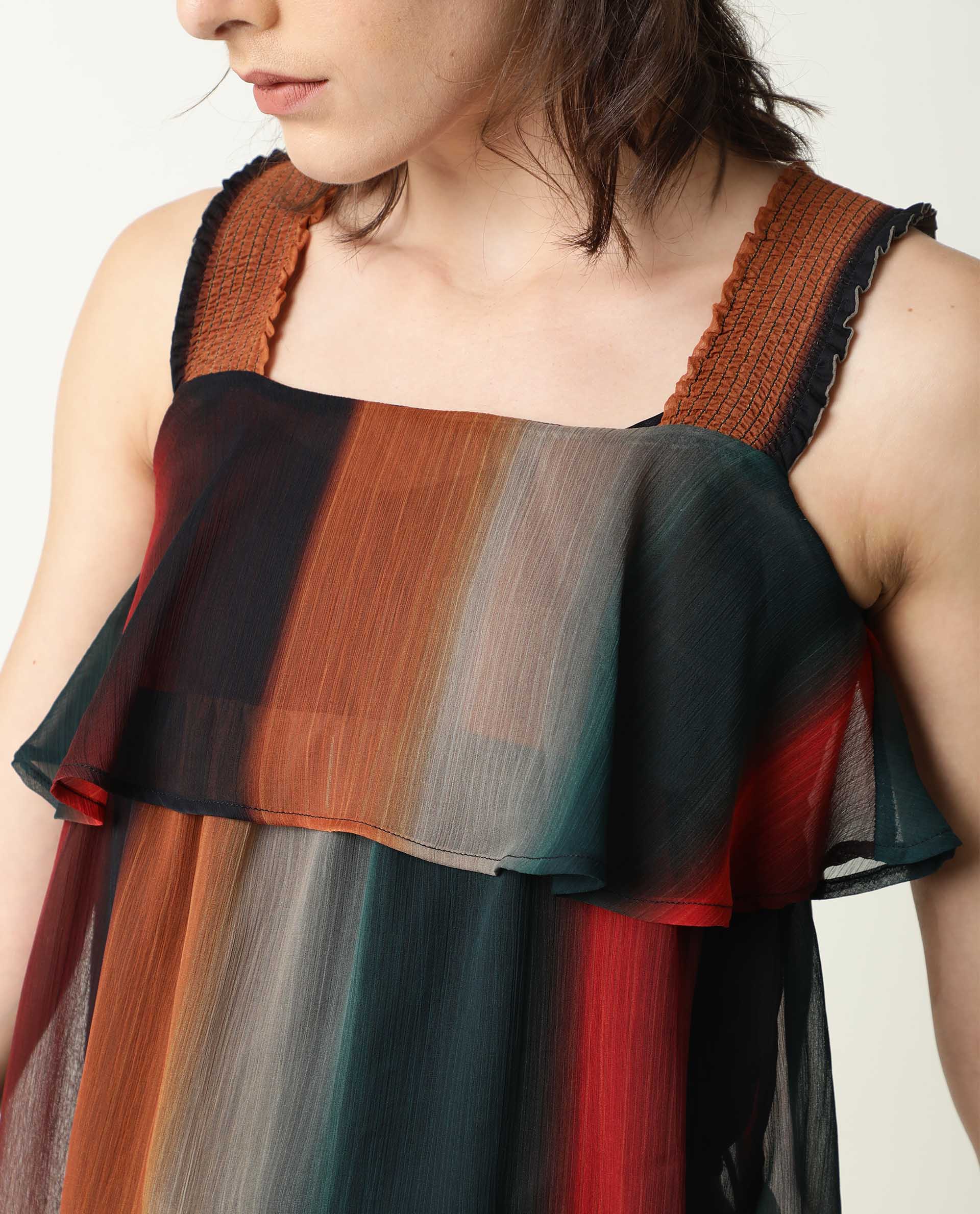 Rareism Women Pepsi Multi Viscose Fabric Regular Fit Cropped Square Neck Sleeveless Striped Top