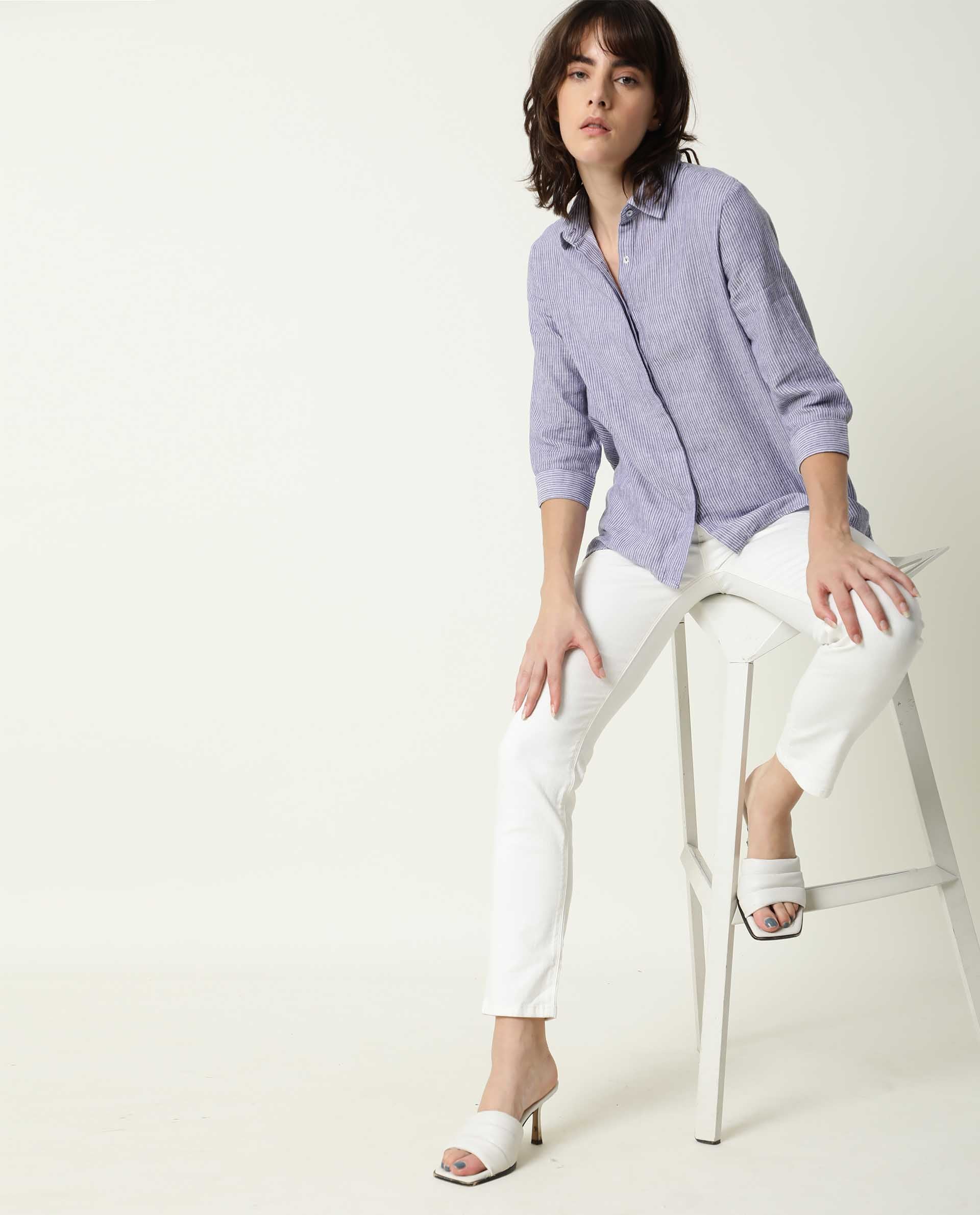Rareism Womens Stellio Blue Top Cotton Linen Fabric 3/4 Sleeve Collared Neck