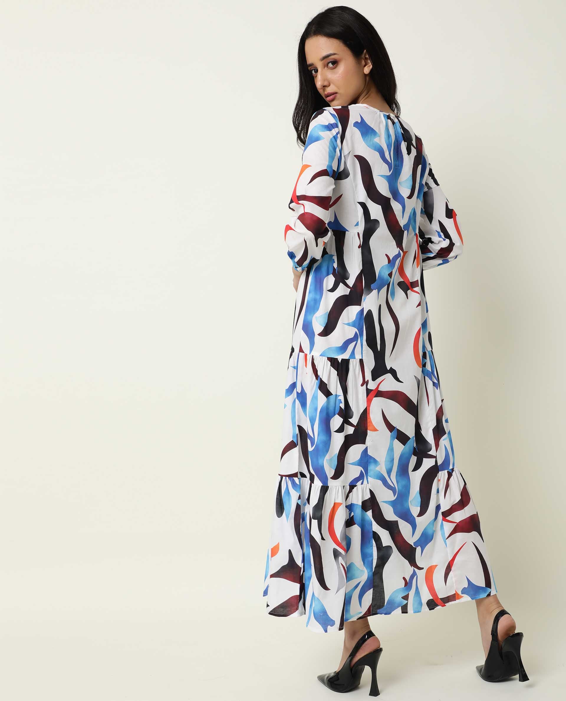 Rareism Women's Europe White Boat Neck Abstract Print Maxi Regular Fit Dress