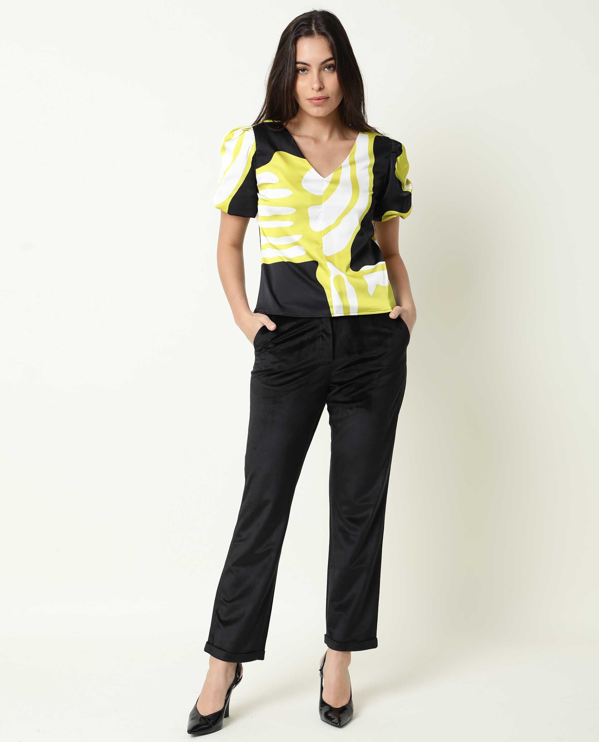 Rareism Womens Jane Black Top Modal Fabric Full Sleeve V Neck